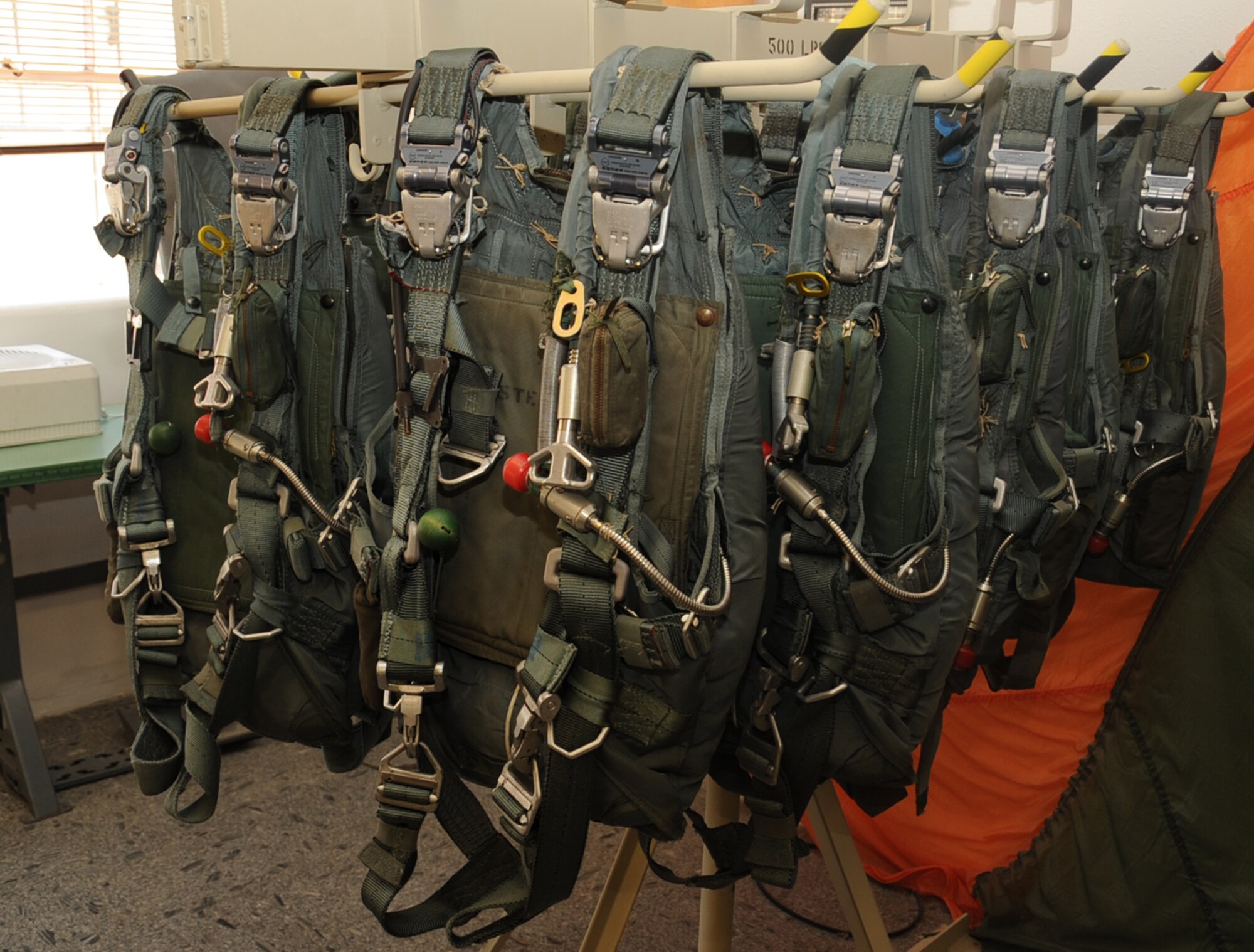 BA-18 torso harness parachutes are worn by aircrew members during flight and used in the event of an egress. The Aircrew Flight Equipment parachute shop is in charge of packing, inspecting, and supplying B-52H Stratofortress aircrew with parachutes. (U.S. Air Force photo/Senior Airman Sean Martin)
