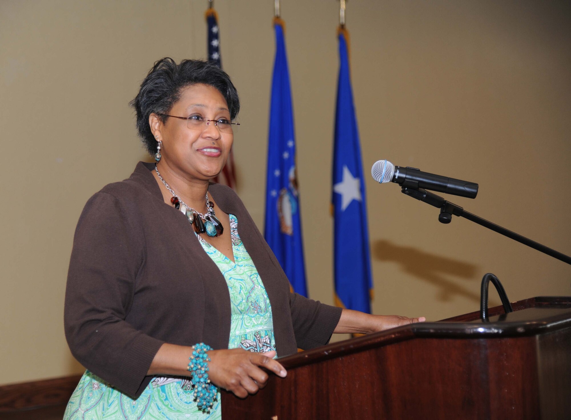 Gloria Johnson, Special Olympics Mississippi board of directors member, speaks during the SOMS kickoff luncheon April 18, 2013, at the Bay Breeze Event Center, Keesler Air Force Base, Miss.  The purpose of the luncheon was to energize Keesler volunteers and base leadership for the upcoming event that will be hosted by Keesler on May 10 and 11.  (U.S. Air Force photo by Kemberly Groue)