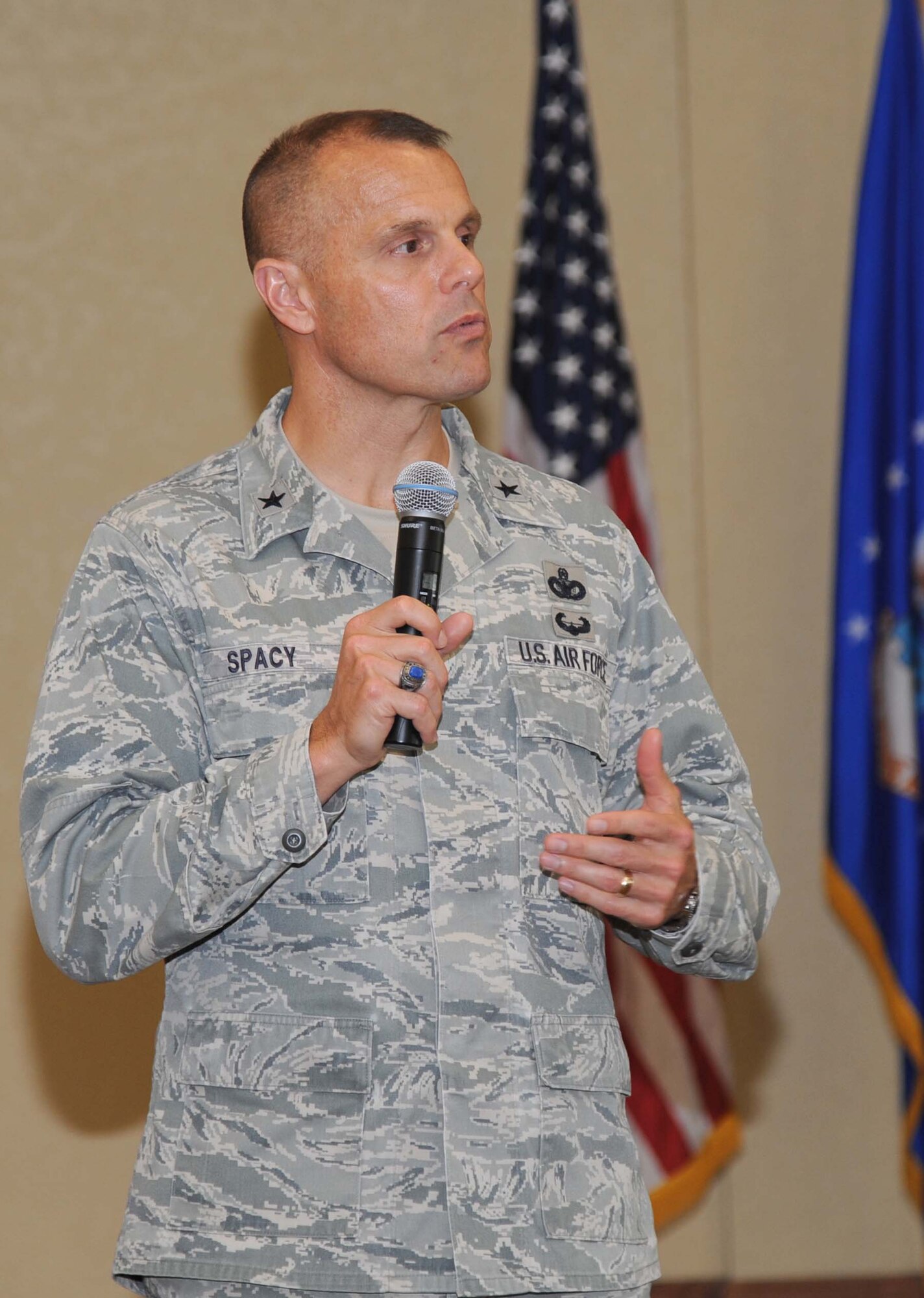 Brig. Gen. Brad Spacy, 81st Training Wing commander, provides remarks during the Special Olympics Mississippi kickoff luncheon April 18, 2013, at the Bay Breeze Event Center, Keesler Air Force Base, Miss.  The purpose of the luncheon was to energize Keesler volunteers and base leadership for the upcoming event that will be hosted by Keesler on May 10 and 11.  (U.S. Air Force photo by Kemberly Groue)