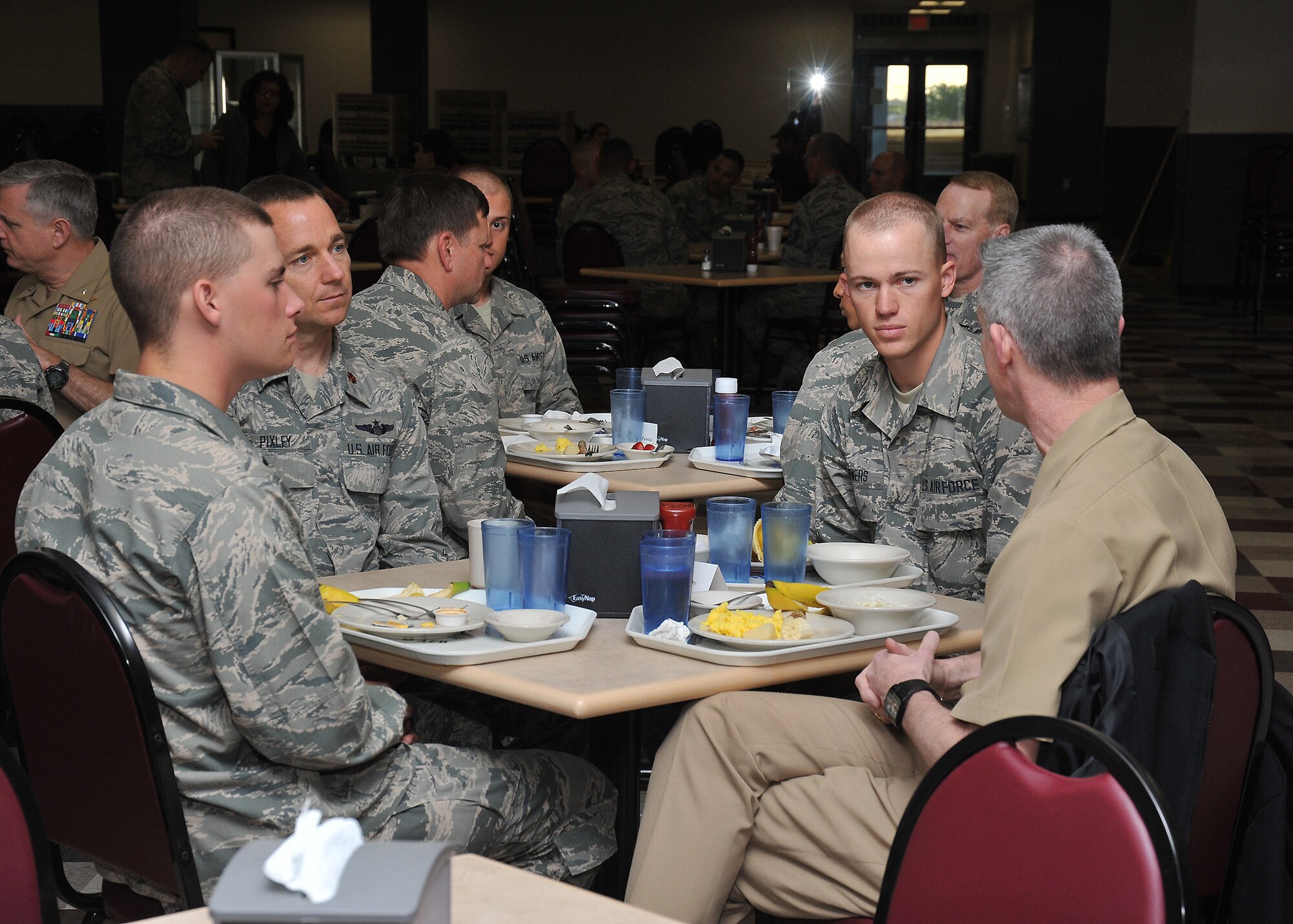 Earlier this month, sixteen Army, Navy, Air Force and Department of Defense officials met at Joint Base San Antonio- Lackland for the Council on Recruit and Basic Training Conference to discuss training and basic entry-level recruit operations across the services. The meeting was the first of its kind and aims to help all services share best practices. Officials were able to gain input from Air Force basic trainees during a meal. (U.S. Air Force Photo/Alan W. Boedeker)