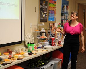 Tracy Conder, 633rd Civil Medical Group Health and Wellness Center promotion director, teaches about the negative impact sugar to our bodies at Langley Air Force Base, Va., April 18, 2013. The third Thursday of each month Conder hosts a class about health and nutritional facts. (U.S. Air Force photo by Senior Airman Brittany Paerschke-O’Brien/Released)