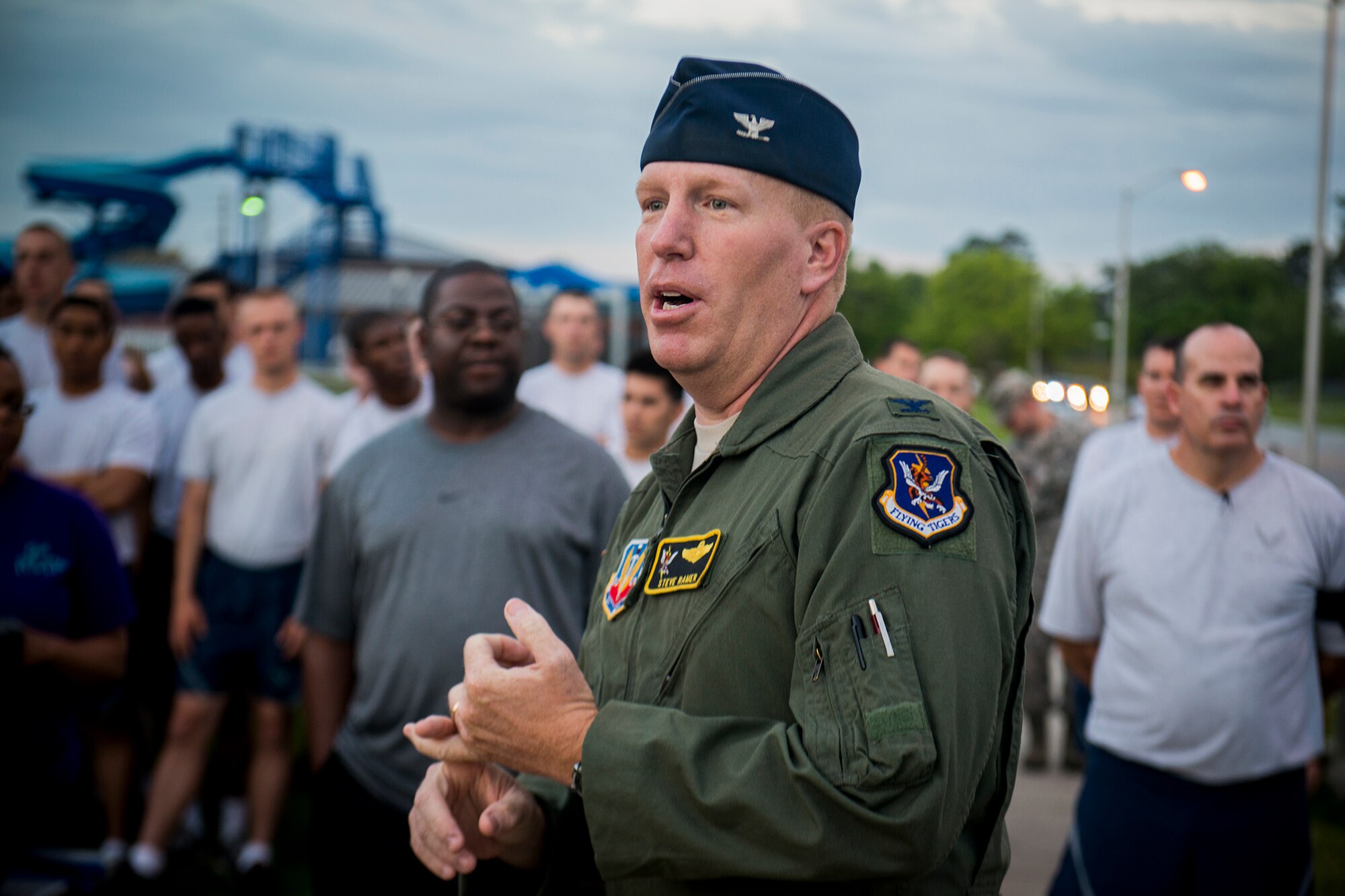 U.S. Air Force Col. Steven Ramer, 23d Wing vice commander, gives opening remarks before the start of a 5K run April 19, 2013, at Moody Air Force Base, Ga. The run was in observance of April’s many awareness campaigns including Month of the Military Child, Child Abuse Prevention Month, Autism Awareness Month, Sexual Assault Awareness Month, Volunteer Appreciation Month and National Alcohol Screening Month. (U.S. Air Force photo by Staff Sgt. Jamal D. Sutter/Released)
