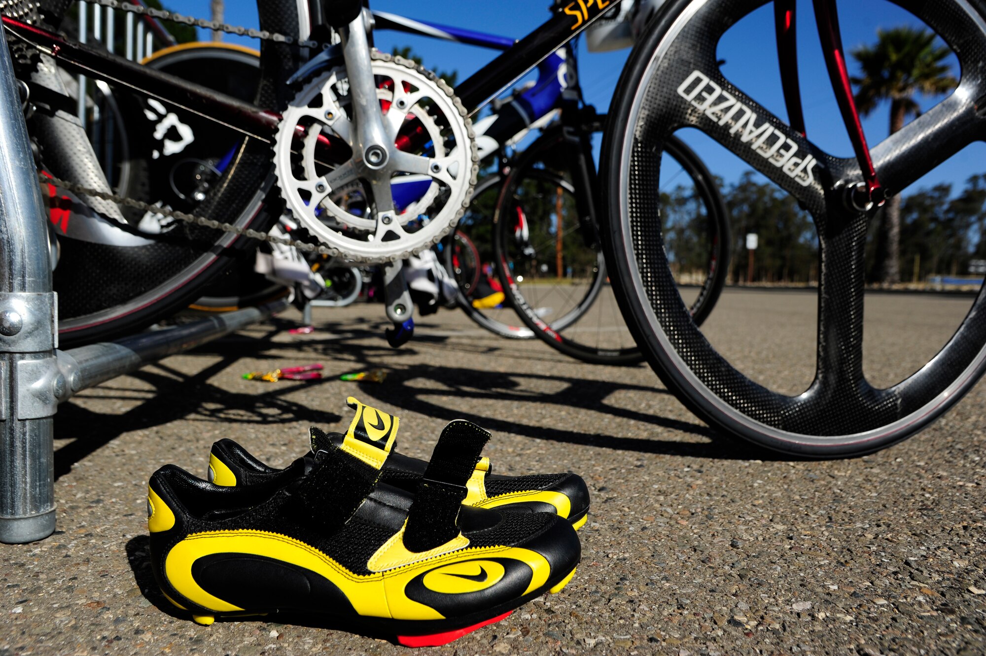 VANDENBERG AIR FORCE BASE, Calif. – A pair of cycling shoes are laid-out in preparation for a speedy shoe change during a duathalon here Saturday, April 20, 2013. The duathalon, sponsored by the 30th Force Support Squadron, consisted of a 5 km run, a 12 km bike and a 5 km run. (U.S. Air Force photo/Senior Airman Lael Huss)