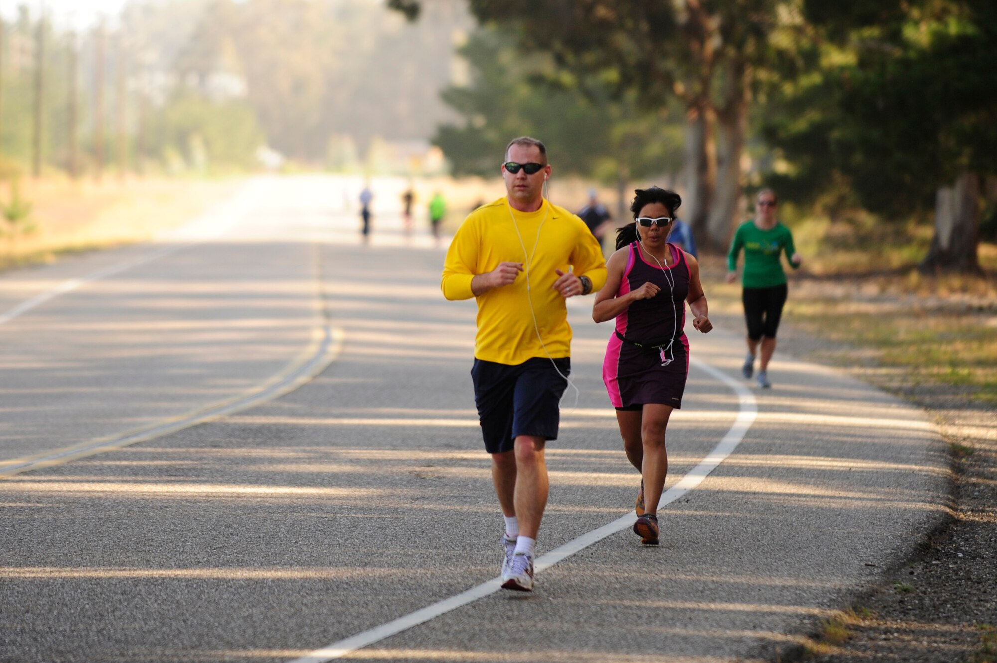 VANDENBERG AIR FORCE BASE, Calif. – Team V members continue their first 5 km run during a duathalon here Saturday, April 20, 2013. The duathalon, sponsored by the 30th Force Support Squadron, consisted of a 5 km run, a 12 km bike and a 5 km run. (U.S. Air Force photo/Senior Airman Lael Huss)