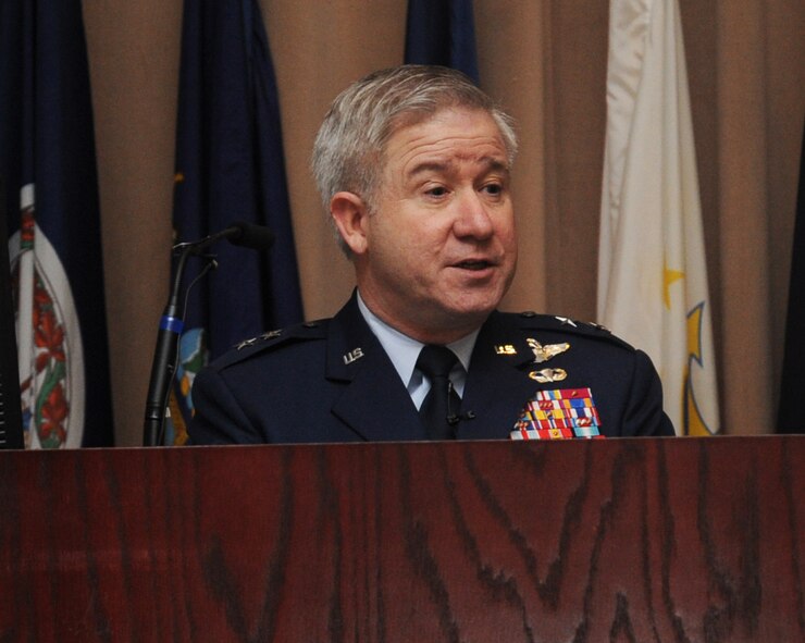 Maj. Gen. Keith Kries, mobilization assistant to the 8th Air Force commander, speaks during the 35th Annual Prisoner of War/Missing in Action Luncheon held on Barksdale Air Force Base, La., April 19, 2013. Kries is a command pilot with more than 6,000 flying hours, and his Air Force experience includes combat support missions during Operations Desert Storm, Allied Force and Iraqi Freedom. (U.S. Air Force photo/Senior Airman Sean Martin)