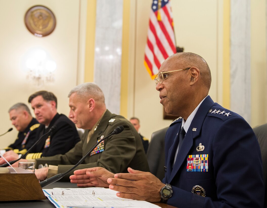 Air Force Vice Chief of Staff Gen. Larry Spencer answers a question posed to him during a hearing of the  Senate Armed Services Committee's Subcommittee on Readiness and Management Support. April 18, 2013, in Washington, D.C. During the hearing, Spencer said low readiness levels resulting from two decades of sustained combat operations and further hindered by sequestration will impact the Air Force's ability to adequately perform its mission. Seated at the table with Spencer are from left: U.S. Army Vice Chief of Staff Gen. John Campbell, Vice Chief of Naval Operations, Adm. Mark Ferguson and Assistant Commandant of the Marine Corps Gen. John Paxton. (U.S. Air Force photo/Jim Varhegyi)