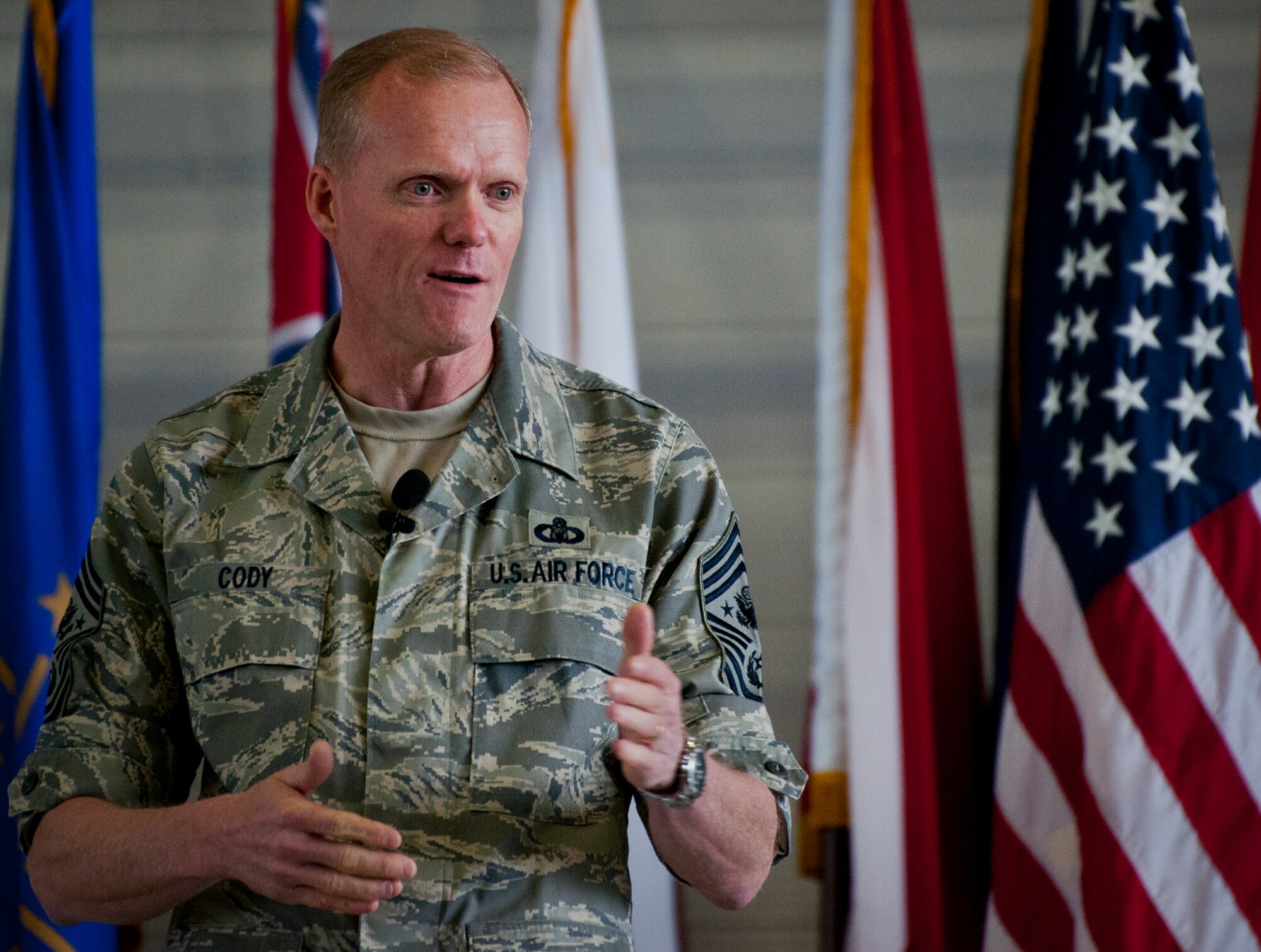 Chief Master Sgt. of the Air Force James Cody speaks to the crowd at his Airmen’s Call April 19 during his visit to Eglin Air Force Base, Fla.  Cody visited various facilities and met with Airmen across the base on his first trip to Eglin since becoming CMSAF.  During the Chief’s Call, he addressed tuition assistance, furloughs, pay raises, promotion rates and cyber defense.  (U.S. Air Force photo/Samuel King Jr.)