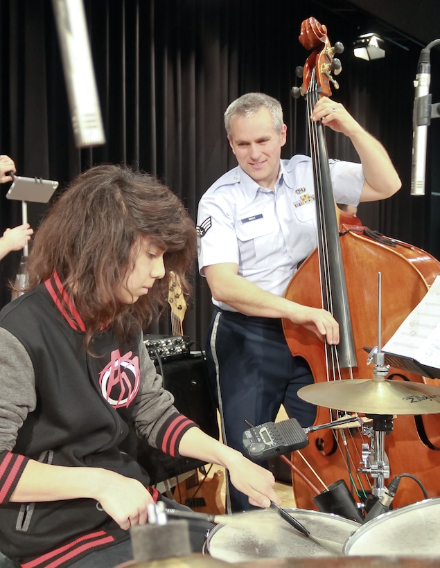 SrA Joe Whitt jams with percussion student during a clinic at Wiesbaden High School.
The Ambassadors performed for four DODDS schools in honor of Music in Our Schools.
