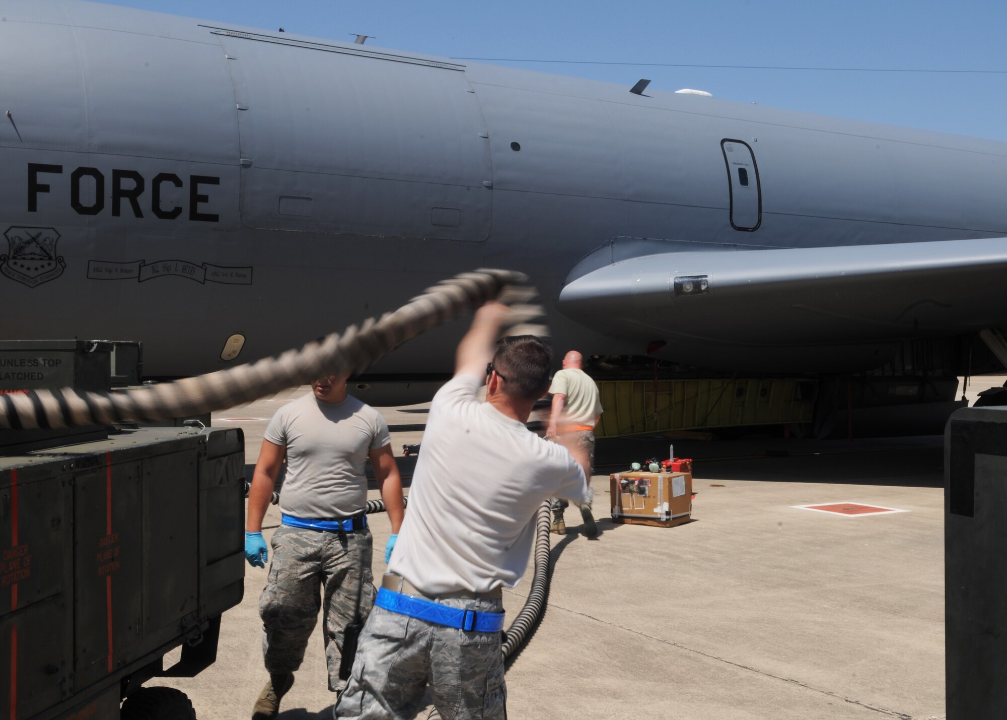 Airmen with the 100th Maintenance Squadron attach an external power unit to a KC-135 Stratotanker before conducting a test on the aircraft’s bleed-air-cooling system while deployed with the 351st Expeditionary Air Refueling Squadron April 18, 2013, in Southwest Europe. The aircraft needed to be repaired to maintain the integrity of the climate-control system during flight. (U.S. Air Force photo by 1st Lt. Christopher Mesnard/Released)	
