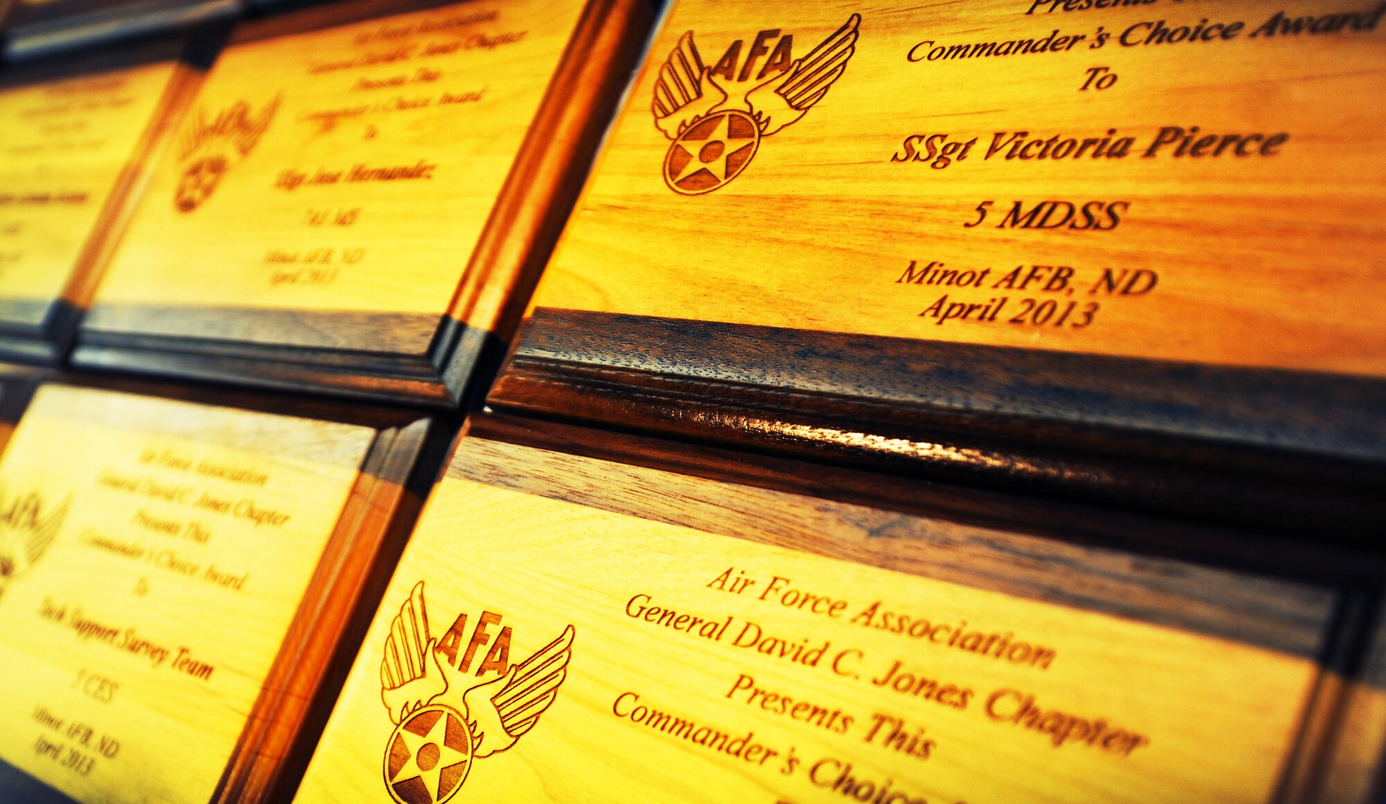 MINOT, N.D. -- Plaques await their recipient during the Air Force Association’s 31st Annual Awards Banquet held at the Grand International Inn, April 16. The Air Force Association is an independent and non-profit civilian education organization promoting public understanding of aerospace power and the pivotal role it plays in the security of our nation. (U.S. Air Force photo/Airman 1st Class Andrew Crawford)