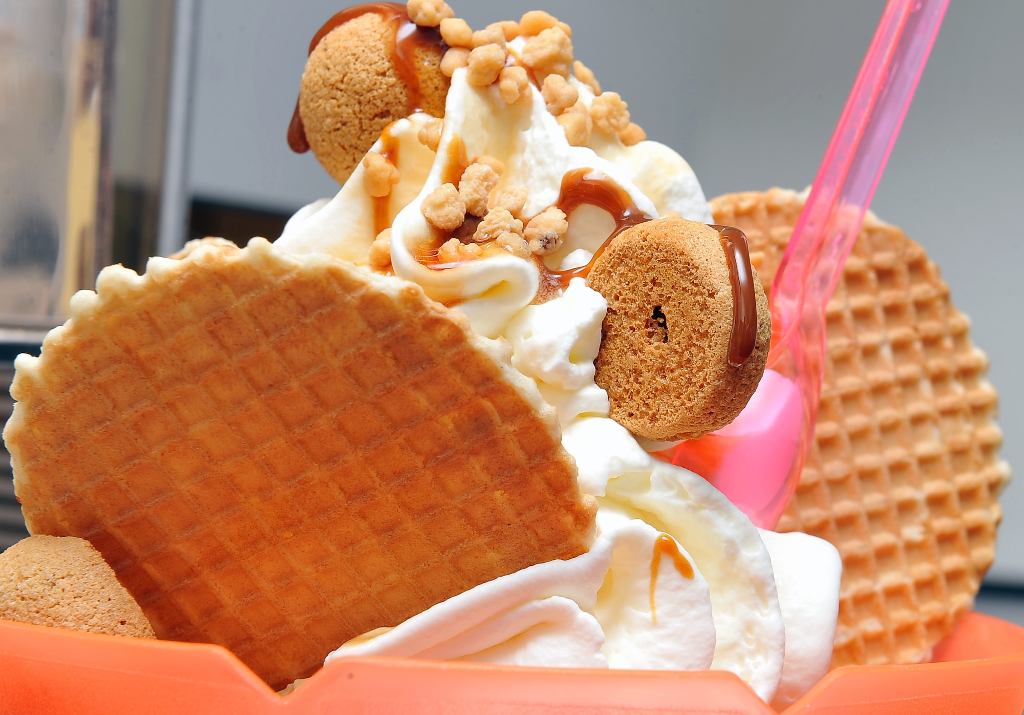 An ice cream dish prepared by Fabio Montebello, April 19, 2013, Ramstein Air Base, Germany. Fabio Montebello, known by base locals as “Fabio the gelato man,” is an ice cream vendor who travels more than an hour away every day to deliver frozen treats to the base. (U.S. Air Force photo/Airman 1st Class Dymekre Allen)  