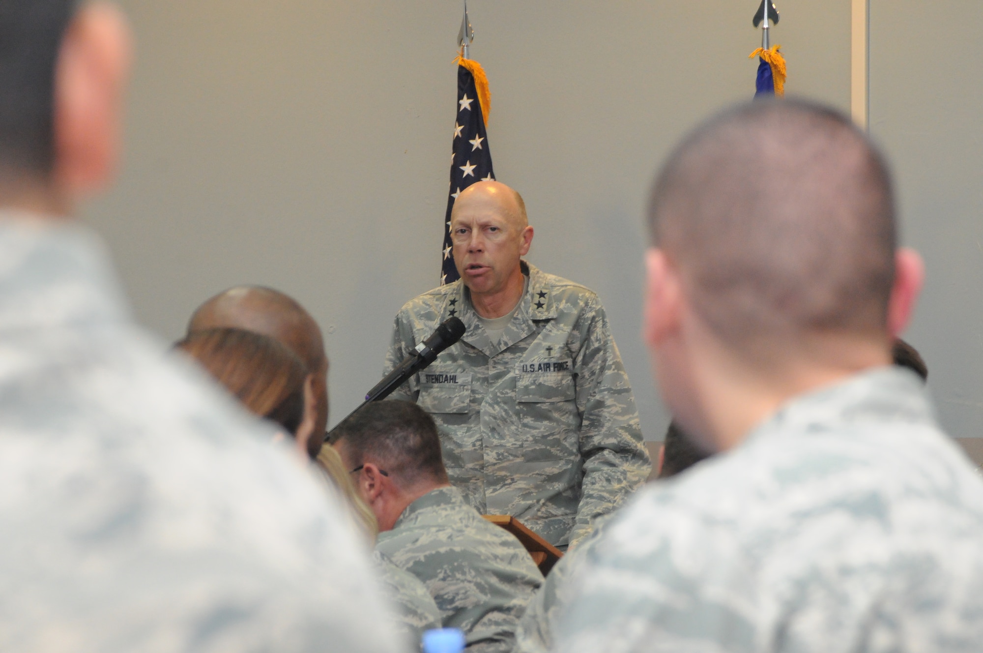 SOUTHWEST ASIA -- Air Force Chief of Chaplains Major General Howard Stendahl speaks during a luncheon to Airmen from across the 379th Air Expeditionary Wing focused on religious values April 14. Stendahl and Chaplain Assistant Career Field Manager Chief Master Sgt. Alton Clemmons visited the wing April 14-15, speaking with Airmen and touring chaplain programs supporting operations here. Stendahl thanked various volunteer and religious groups for their support of Airmen deployed to Southwest Asia. (U.S. Air Force photo/Master Sgt. Christian Michael)
