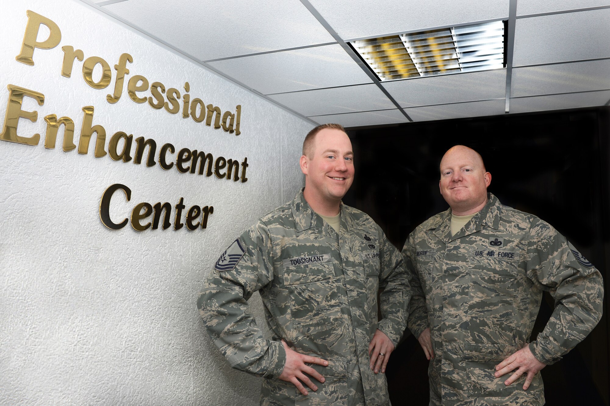 Master Sgt. Etienne Tousignant, (left) and Master Sgt. Jared Moran, both 86th Force Support Squadron career assistance advisors, work with Airmen every day to inform them of their options and benefits. Airmen should be aware of these benefits before making a decision to separate from the Air Force. Both Tousignant and Moran lead the NCO professional enhancement seminars every six weeks. (U.S. Air Force photo/Senior Airman Caitlin O’Neil-McKeown)