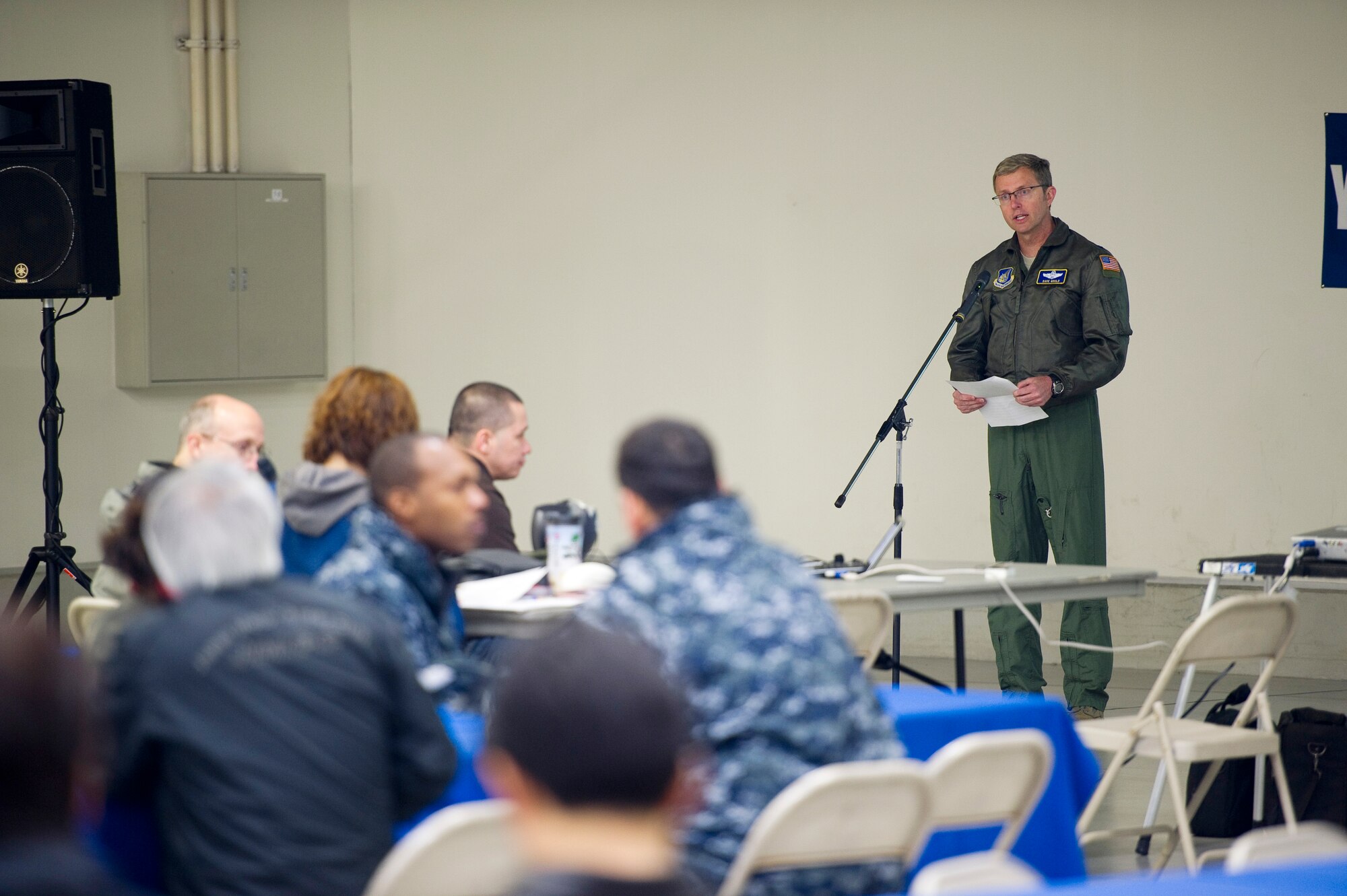 YOKOTA AIR BASE, Japan – Col. David Gould, 374 Operations Group commander, gives opening remarks at the Mid-Air Collision Avoidance Fly-in Conference at Yokota Air Base, Japan, April 21, 2013. The conference brought more than 130 Japanese pilots who received briefings from the 36th Airlift Squadron, 459th Airlift Squadron, 374th Operations Support Squadron and the flight training center staff.  (U.S. Air Force photo by Staff Sgt. Chad C. Strohmeyer/Released)