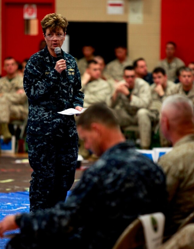 Rear Adm. Ann C. Phillips, commander of Expeditionary Strike Group 2, briefs her commander's intent to Marines, Sailors and coalition partners at a rehearsal of concept drill for Bold Alligator 2013 at Camp Allen, Norfolk, Va., April 20. Bold Alligator 13 is a synthetic, scenario-driven exercise designed to train staffs primarily from 2d Marine Expeditionary Brigade and Expeditionary Strike Group 2 in an effort to continue revitalizing and improving their ability to integrate and execute large-scale operations from the sea. "It is imperative that the Navy-Marine Corps team continue sustained participation in exercises such as the Bold Alligator series to continually assess, improve upon and strengthen our cohesion as an integrated force," said Phillips.