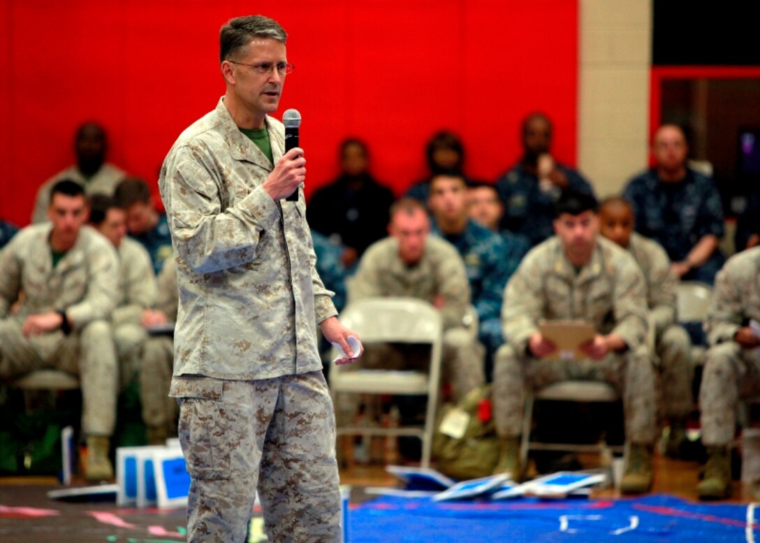 Col. Bradley Weisz, deputy afloat commander of Expeditionary Strike Group 2, speaks to Marines, Sailors and coalition partners at a rehearsal of concept drill for Bold Alligator 2013 at Camp Allen Norfolk, Va., April 20. Bold Alligator 13 is a synthetic, scenario-driven exercise designed to train staffs primarily from 2d Marine Expeditionary Brigade and Expeditionary Strike Group 2 in an effort to continue revitalizing and improving their ability to integrate and execute large-scale operations from the sea.