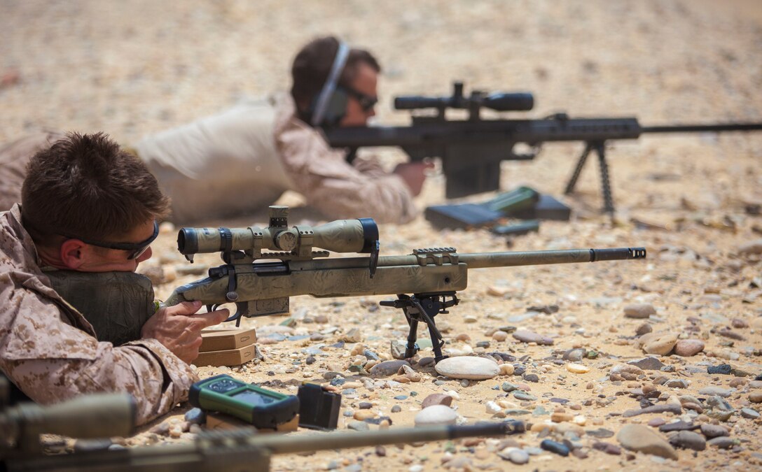26th Marine Expeditionary Unit (MEU) Maritime Raid Force Marines fire various sniper rifles while conducting a marksmanship training exercise at a range in Qatar, April 22, 2013.  Eagle Resolve is an annual multilateral exercise designed to enhance regional cooperative defense efforts of the Gulf Cooperation Council nations and U.S. Central Command. The 26th MEU is deployed to the 5th Fleet area of operations aboard the Kearsarge Amphibious Ready Group. The 26th MEU operates continuously across the globe, providing the president and unified combatant commanders with a forward-deployed, sea-based quick reaction force. The MEU is a Marine Air-Ground Task Force capable of conducting amphibious operations, crisis response and limited contingency operations. (U.S. Marine Corps photo by Cpl. Christopher Q. Stone, 26th MEU Combat Camera/Released)