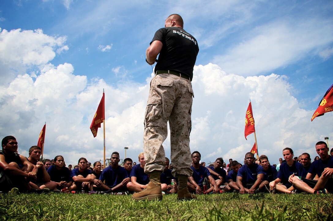 Sgt. Maj. Jeffery Jones, sergeant major of Recruiting Station Fort Lauderdale from Havana, Ark., congratulates the future Marines of Recruiting Station Fort Lauderdale after a successful field meets April 20, 2013.  Hundreds of future Marines participated in various Marine Corps inspired competitions like squad pull ups, crunches and a knowledge test designed to give them a taste of boot camp.  