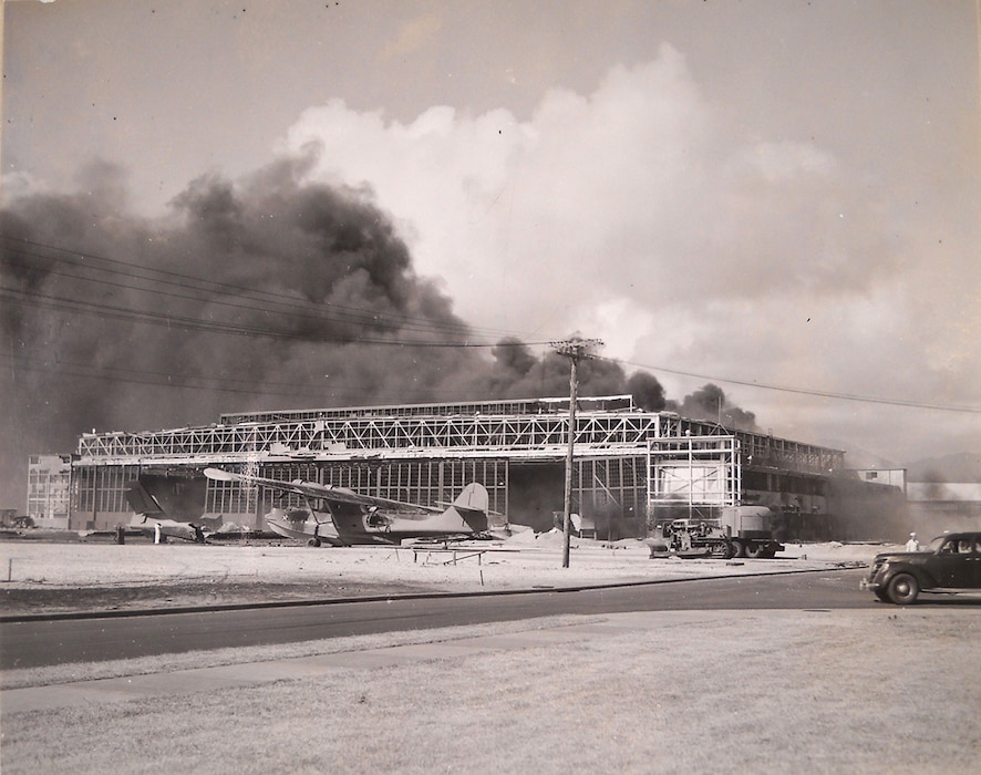 Hangar 101 under attack on 7 December 1941 by Japanese of the Imperial Navy.  Hangar 101, the five seaplane ramps, and the parking apron are now part of the National Historic Landmark (NHL).  NHLs are the nation’s most significant historic places that possess exceptional value in illustrating or interpreting the heritage of the United States.