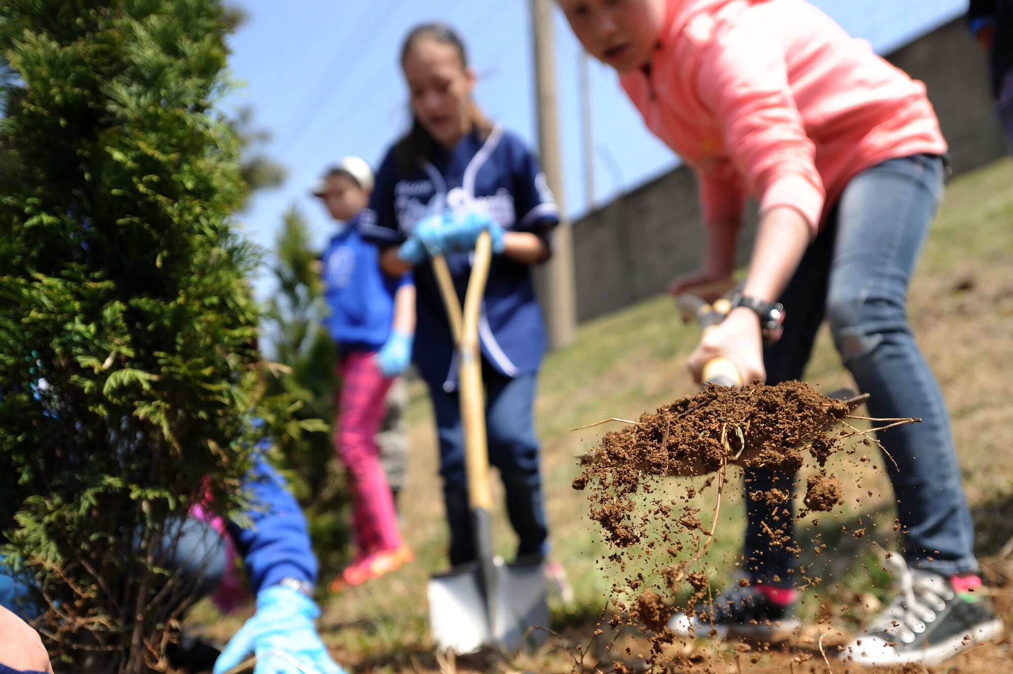 Girl Scouts from Osan Elementary School plant trees to help celebrate Earth Day at Osan Air Base, Republic of Korea, April 19, 2013. Students from the Osan American schools and Osan community members helped raise awareness for Earth Day by participating in poster contests, planting trees and pledging to help better the Earth. (U.S. Air Force photo/ Staff Sgt. Sara Csurilla) 