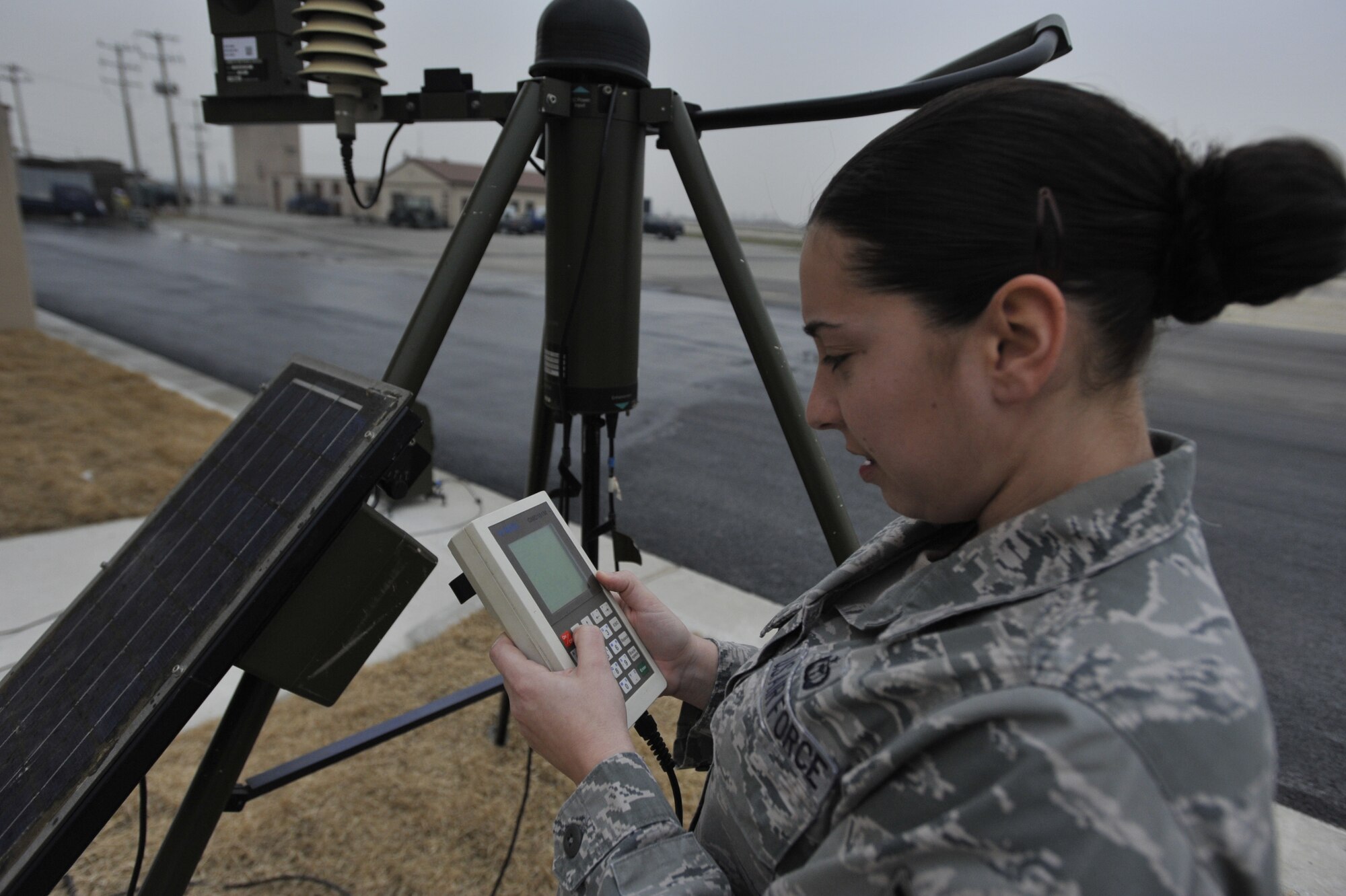 Staff Sgt. Stephanie Clark, 51st Operations Support Squadron weather forecaster, reads data from a tactical weather system monitor at Osan Air Base, Republic of Korea, April 23. The tactical weather system records data such as precipitation possibility, visibility levels, wind speed, and lightning detection just like weather sensors in the airfield would. Weather forecasters at Osan are responsible for providing timely and accurate weather information in support of all the 51st Fighter Wing’s flying operations. (U.S. Air Force photo by Senior Airman Siuta B. Ika)