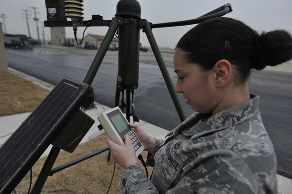 Staff Sgt. Stephanie Clark, 51st Operations Support Squadron weather forecaster, reads data from a tactical weather system monitor at Osan Air Base, Republic of Korea, April 23. The tactical weather system records data such as precipitation possibility, visibility levels, wind speed, and lightning detection just like weather sensors in the airfield would. Weather forecasters at Osan are responsible for providing timely and accurate weather information in support of all the 51st Fighter Wing’s flying operations. (U.S. Air Force photo by Senior Airman Siuta B. Ika)