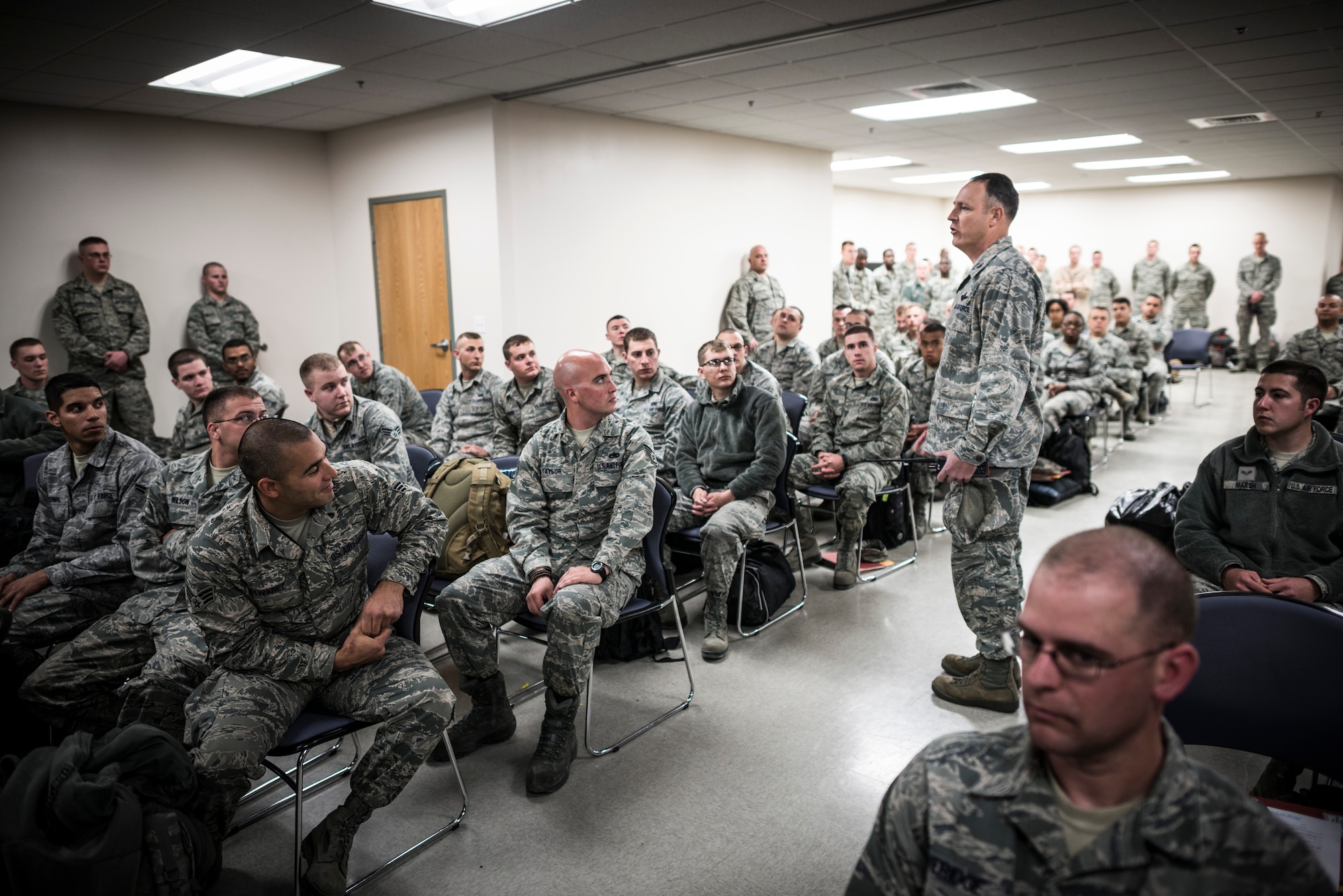 U.S. Air Force Col. Chris Short, 366th Fighter Wing commander, talks to Airmen about to deploy from Mountain Home Air Force Base, Idaho, April 23, 2013. Short talked about the importance of the Airmen's mission, and how much the Air Force values their contribution. (U.S. Air Force photo/Tech. Sgt. Samuel Morse)