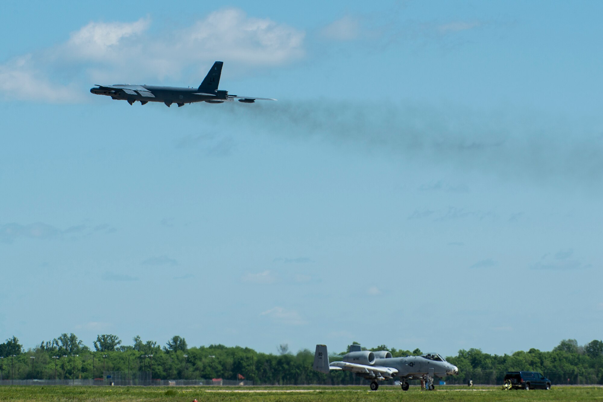 A 2nd Bomb Wing B-52H Stratofortress takes off from Barksdale Air Force Base, La., for Minot AFB, N.D., to participate in a nuclear exercise, April 19, 2013. The B-52 is piloted by an Air Force Reserve aircrew assigned to the 343rd Bomb Squadron at Barksdale. (U.S. Air Force photo by Master Sgt. Greg Steele/Released)
