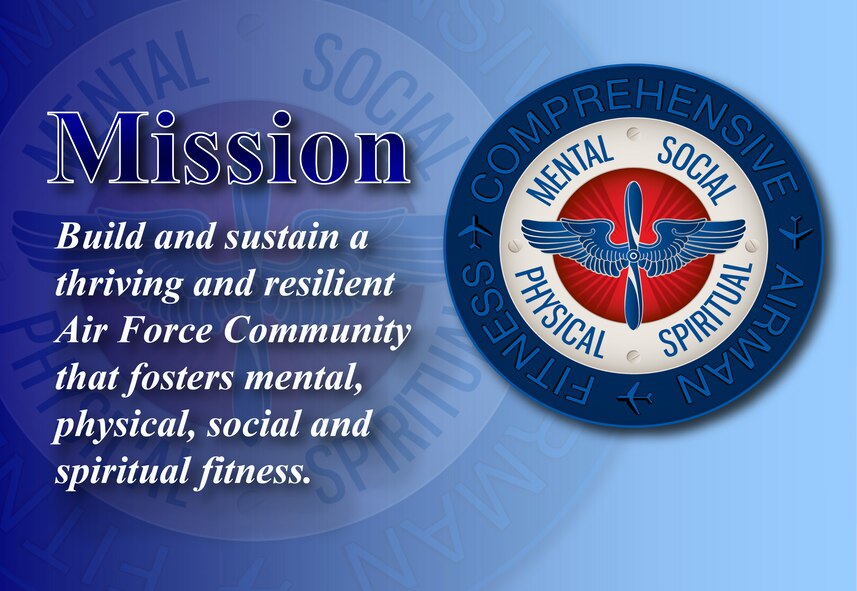 The mission of Comprehensive Airman Fitness Program is to build and sustain a thriving and resilient Air Force Community that fosters mental, physical, social and spiritual fitness, which are the areas of a person’s life and capture the totality of how they experience and relate to others and themselves. These areas are also referred to as the four pillars. Official CAF logo, light-to-dark blue faded back ground and drop shadow effect on text were added using Adobe In Design CS4. (U.S. Air Force graphic/Staff Sgt. Luis Loza Gutierrez)
