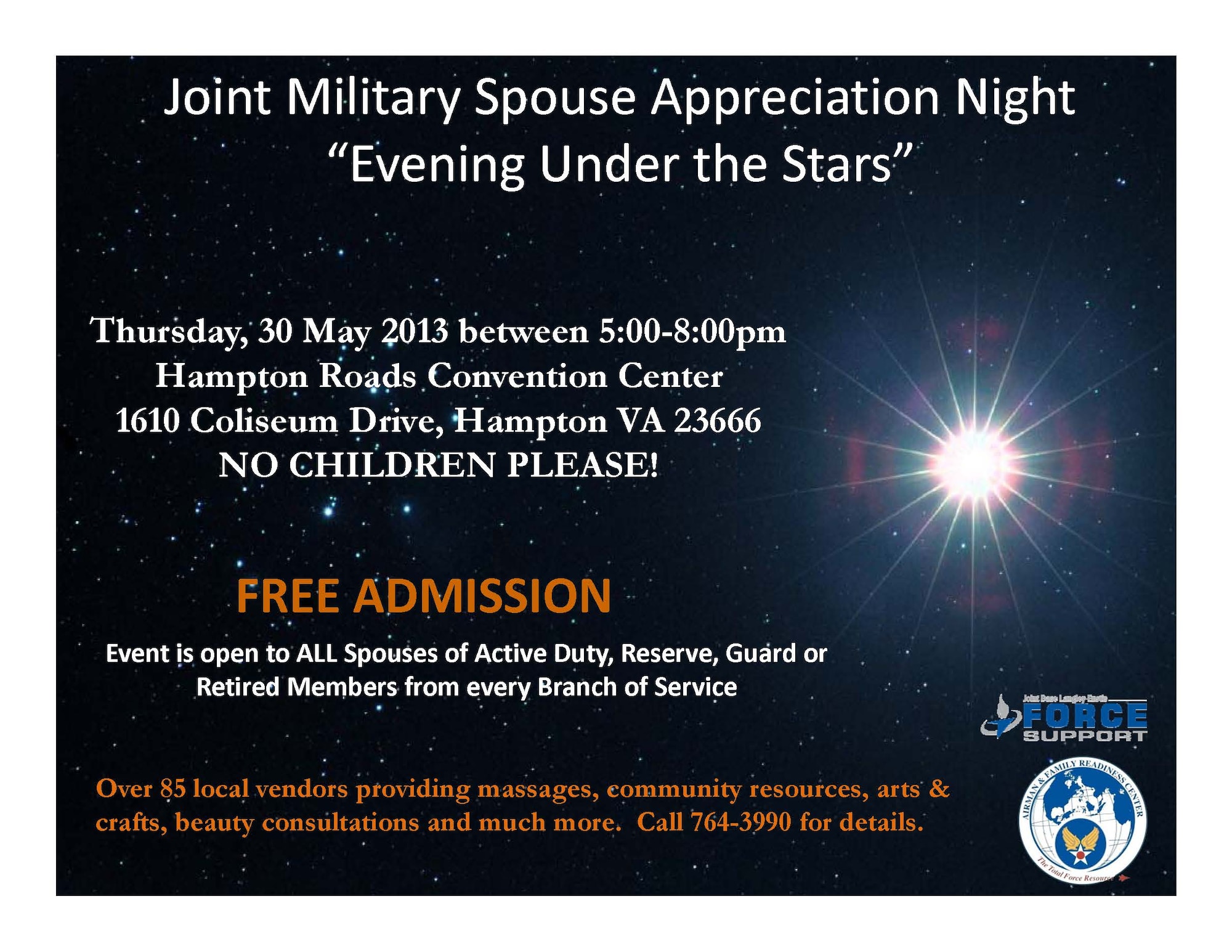More than 85 different vendors and non-profit agencies will be participating in the 633rd Force Support Squadron’s seventh annual “Evening Under the Stars” free joint military spouse appreciation event, where military spouses from all services can enjoy an evening of pampering, relaxation and socializing. The event is from 5 to 7 p.m. May 30 inside the Hampton Roads Convention Center, and is open to all military spouses with a Department of Defense-issued identification card. (Courtesy grahphic/Released)