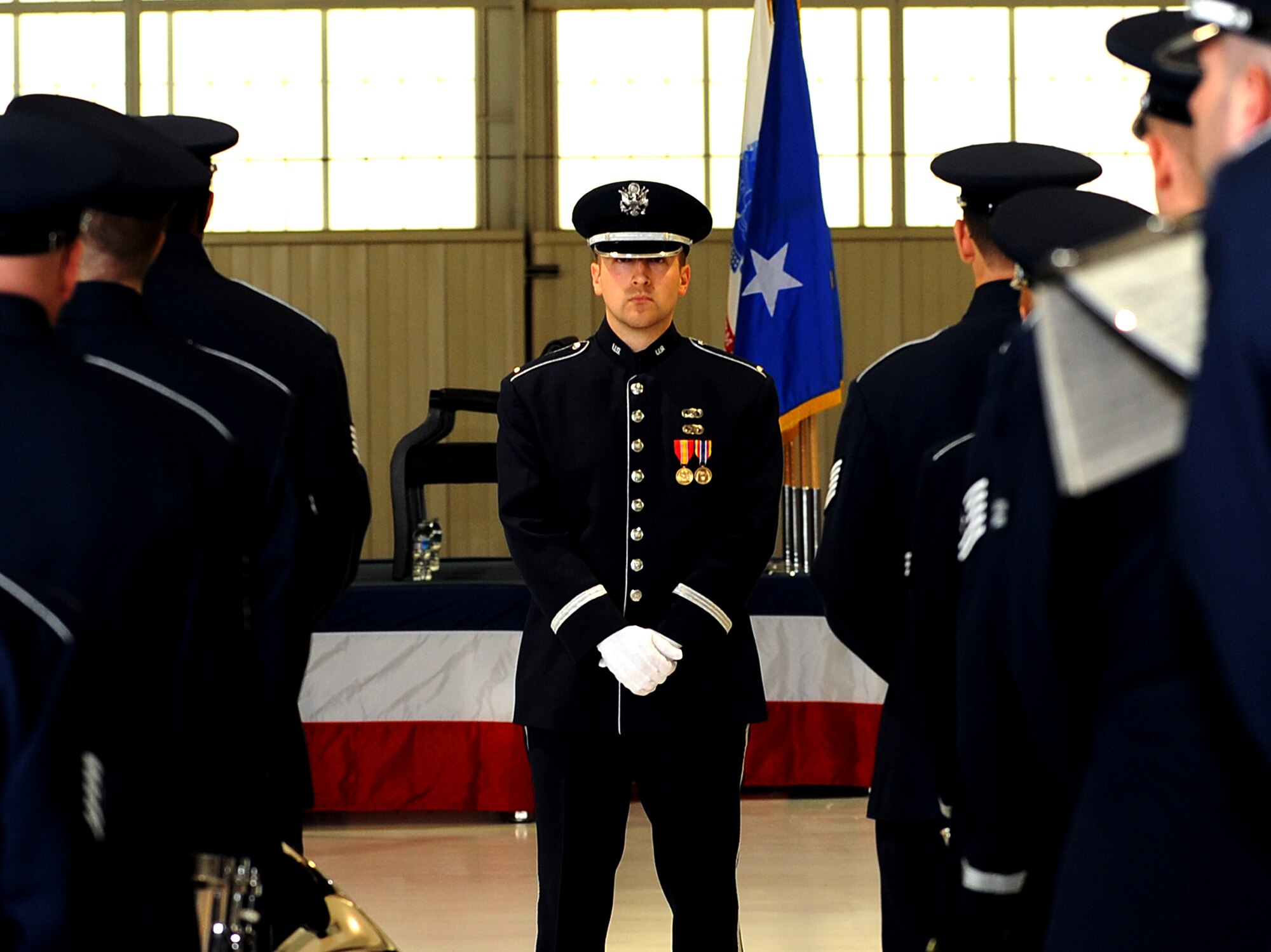 The U.S. Air Force Heritage of America Band performs at the 633rd Air Base Wing change of command ceremony at Langley Air Force Base, Va., April 22, 2013. The band welcomed Col. John J. Allen Jr., who assumed command of the 633rd ABW. (U.S. Air Force photo by Airman 1st Class Kimberly Nagle/ Released)
