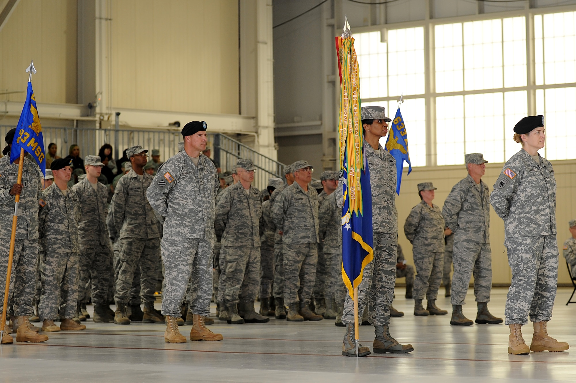 From right, U.S. Army Col. Jayne V. Jansen, 633rd Air Base Wing vice commander, U.S. Air Force Chief Master Sgt. Trae R. King, 633rd Air Base Wing command chief and their flights stand in formation during the 633rd Air Base Wing change of command ceremony on Langley Air Force Base, Va., April 22, 2013. During the ceremony, Col. John J. Allen Jr. assumed command of the 633rd ABW. (U.S. Air Force photo by Airman 1st Class Kimberly Nagle/Released)
