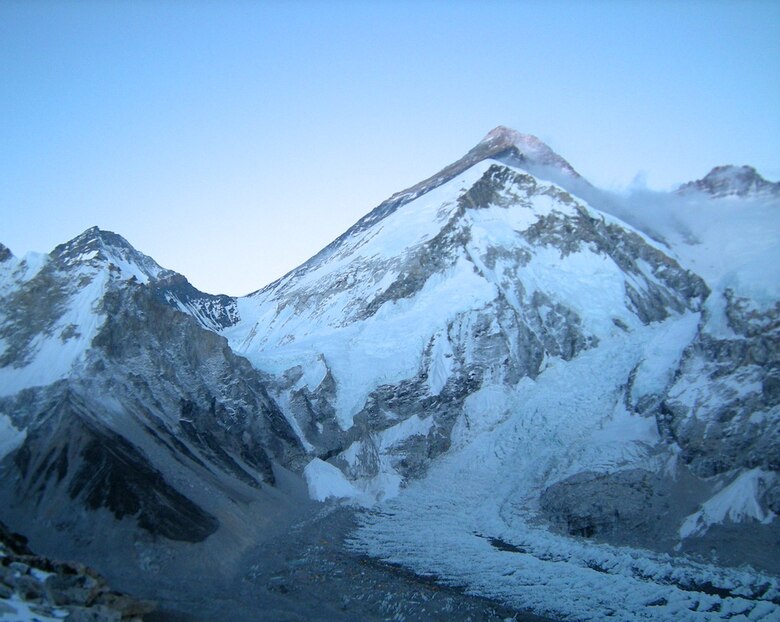 The Khumbu Icefall. Everest Base Camp is at the bottom center of the photo, where the glacier turns. (Photo courtesy of Eric Simonson, IMG)
