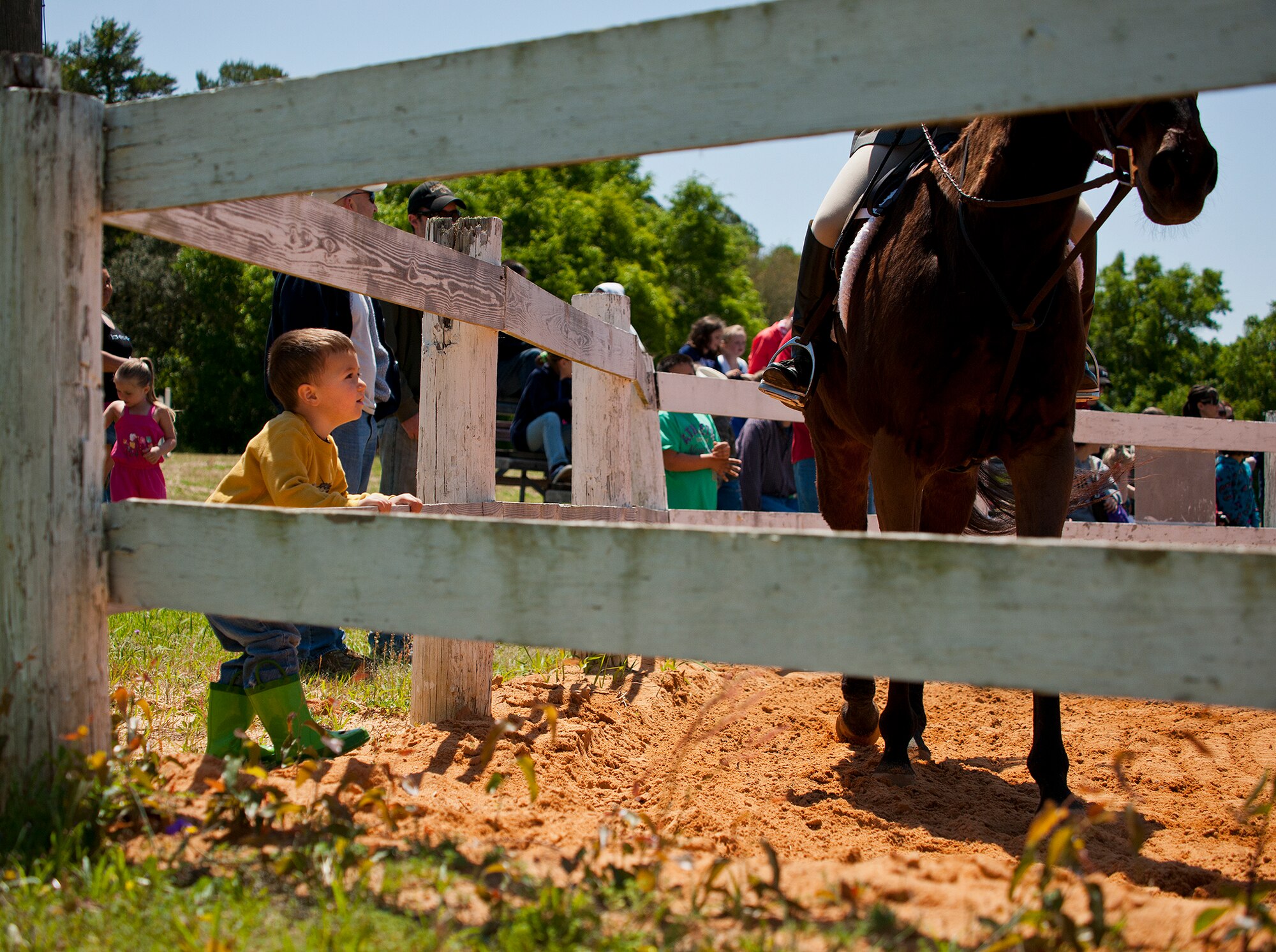 An attendee stares in wonder as a horse passes by at the Sand and Spur Riding Club open house event April 20 at Eglin Air Force Base, Fla.  The club provided pony rides for kids and riding and training demonstrations. Those who attended got an up close and hands-on experience with many of the different breeds of horses housed at the stables on base.  (U.S. Air Force photo/Samuel King Jr.)