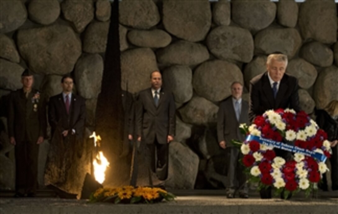 Secretary of Defense Chuck Hagel places a wreath at the Eternal Flame in the Hall of Remembrance at Yad Vashem in Jerusalem, Israel, on April 21, 2013.  Yad Vashem is Israel’s official memorial to the Jewish victims of the Holocaust.  Hagel will spend several days in Israel meeting with counterparts on a six-day trip to the Middle East.  
