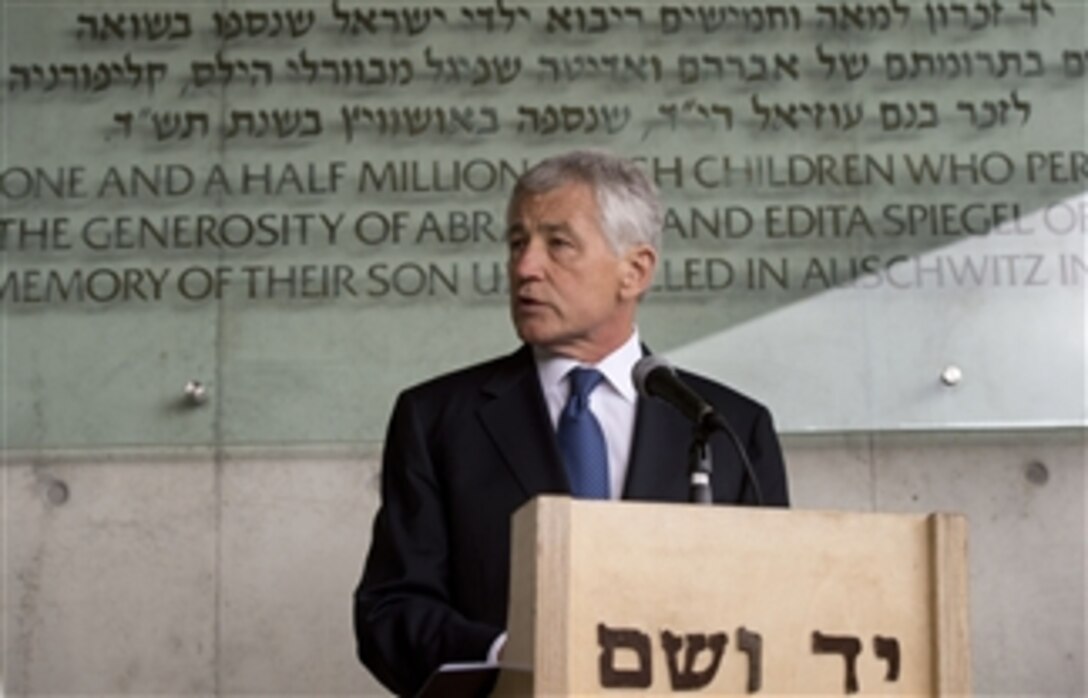 Secretary of Defense Chuck Hagel gives brief remarks after touring Yad Vashem in Jerusalem, Israel, on April 21, 2013.  Yad Vashem is Israel’s official memorial to the Jewish victims of the Holocaust.  Hagel will spend several days in Israel meeting with counterparts on a six-day trip to the Middle East.  