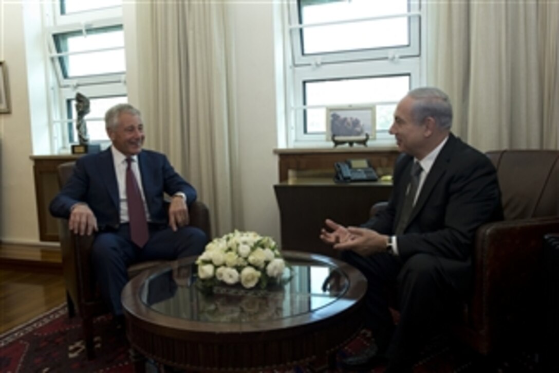 Secretary of Defense Chuck Hagel, left, meets with Israeli Prime Minister Benjamin Netanyahu in Jerusalem, Israel, on April 23, 2013.  Hagel’s meeting with Netanyahu concluded his visit to Israel where he met with Israeli counterparts and senior leaders.  Hagel is on a six-day trip to the Middle East.  