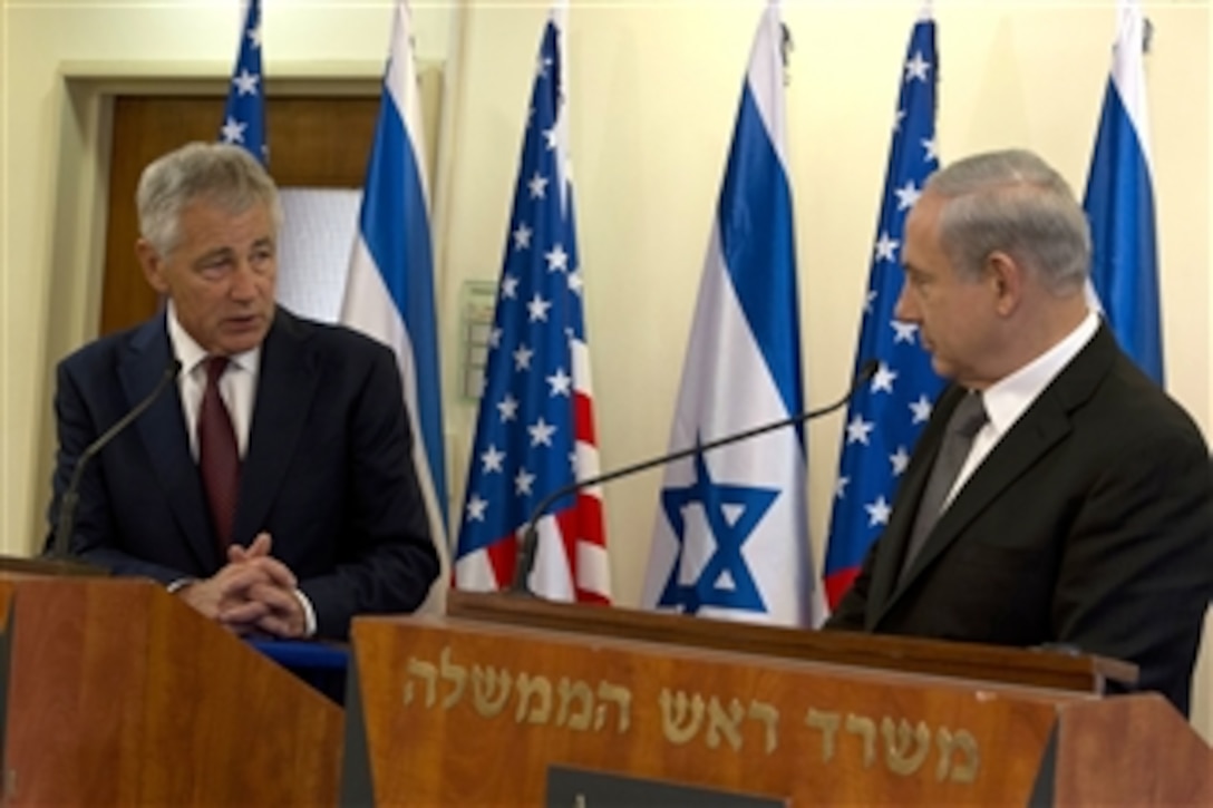 Secretary of Defense Chuck Hagel gives his opening remarks during a joint media availability with Israeli Prime Minister Benjamin Netanyahu before a meeting in Jerusalem, Israel, on April 23, 2013.  Hagel’s meeting with Netanyahu concluded his visit to Israel where he met with Israeli counterparts and senior leaders.  Hagel is on a six-day trip to the Middle East.  