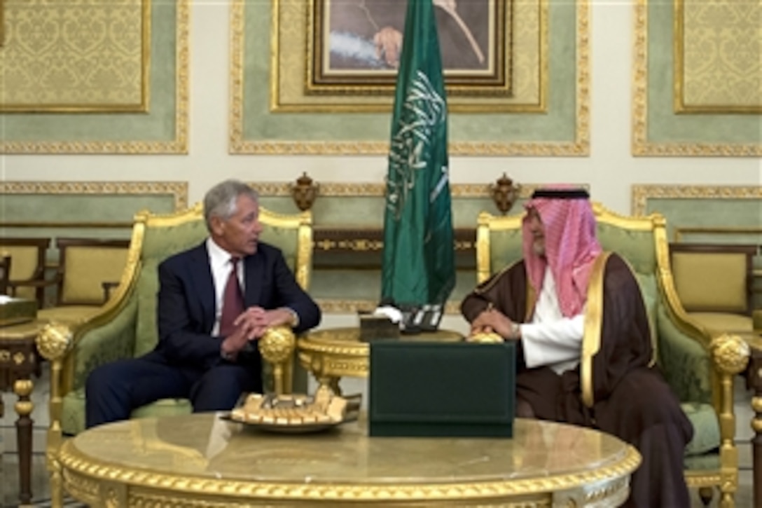 Secretary of Defense Chuck Hagel, left, and Saudi Deputy Minister of Defense Prince Fahd bin Abdullah sit for a welcoming tea ceremony in Riyadh, Saudi Arabia, on April 23, 2013.  The Kingdom of Saudi Arabia is Hagel's third stop on a six-day trip to the Middle East.  