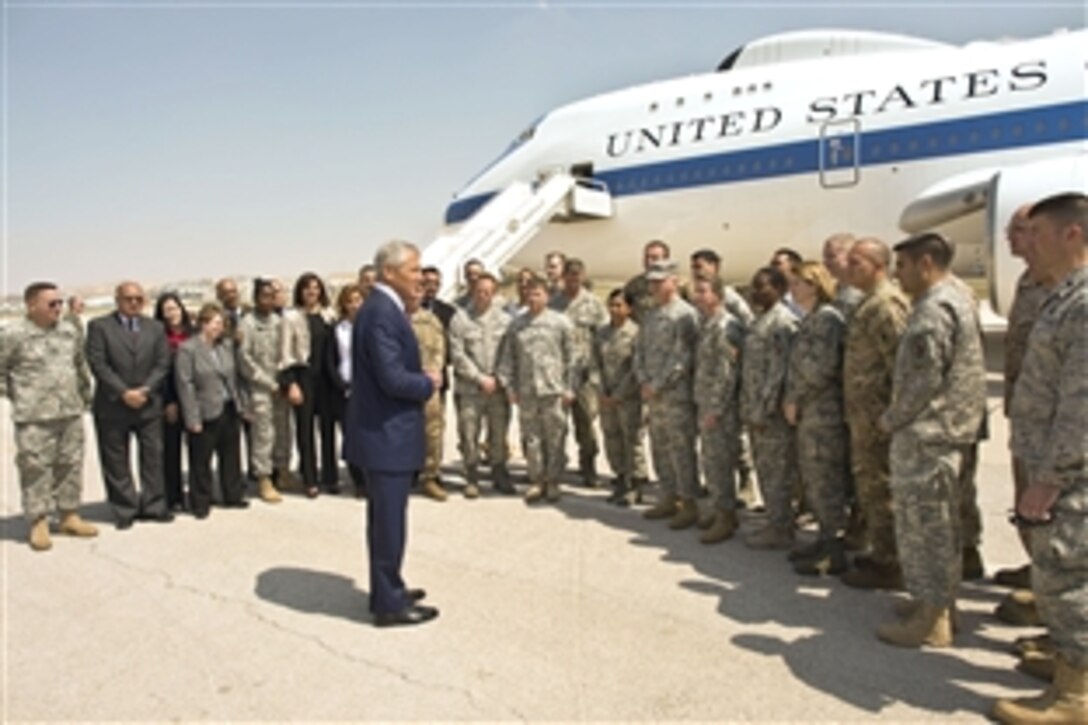 U.S. Defense Secretary Chuck Hagel meets with U.S. troops to thank them for their service in Amman, Jordan, April 23, 2013. Hagel is on a six-day trip to the Middle-East, where he is visiting foreign counterparts in Israel, Jordan, Saudi Arabia, Egypt and the United Arab Emirates.