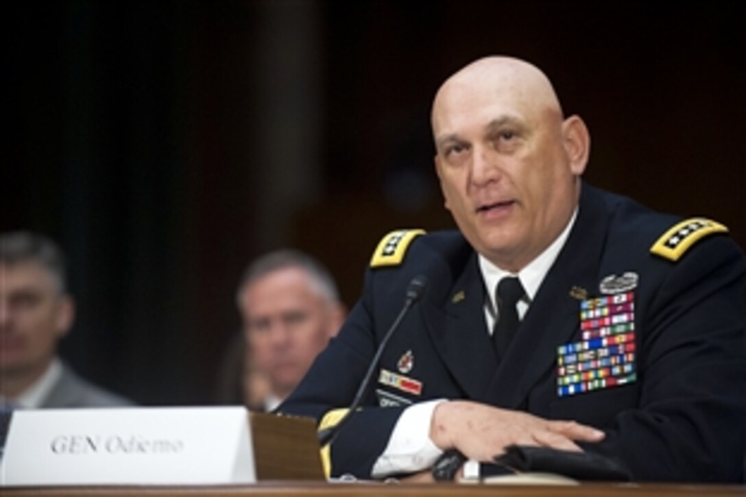 U.S. Army Chief of Staff Gen. Ray Odierno testifies before the Senate Armed Services Committee about the Army posture and the FY14 proposed budget April 23, 2013, during a hearing on Capitol Hill. 