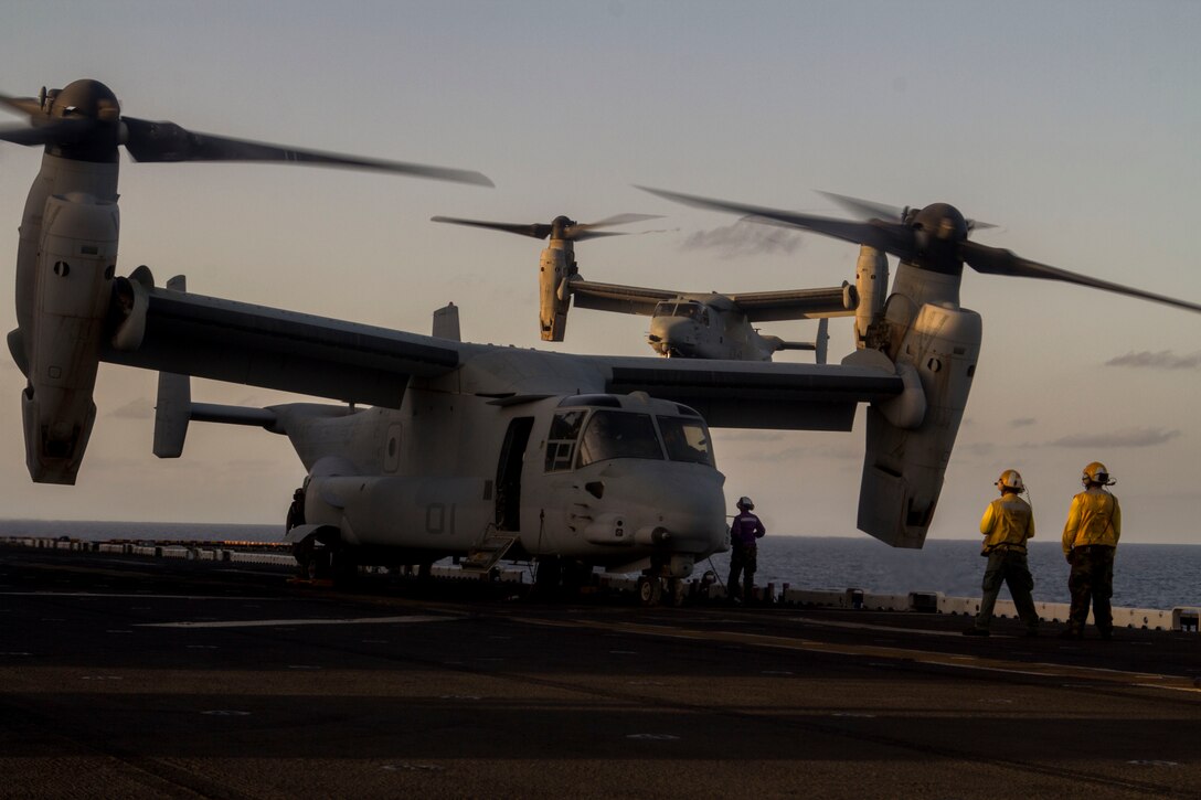 MV-22B Ospreys assigned to Marine Medium Tiltrotor Squadron (VMM) 266 Reinforced, 26th Marine Expeditionary Unit (MEU), land on the flight deck during flight operations aboard the USS Kearsarge (LHD 3), at sea, April 23, 2013. The 26th MEU is deployed to the 5th Fleet area of operations aboard the Kearsarge Amphibious Ready Group. The 26th MEU operates continuously across the globe, providing the president and unified combatant commanders with a forward-deployed, sea-based quick reaction force. The MEU is a Marine Air-Ground Task Force capable of conducting amphibious operations, crisis response and limited contingency operations. (U.S. Marine Corps photo by Cpl. Kyle N. Runnels/Released)