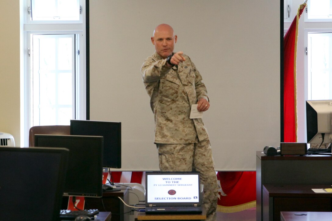 Sgt. Maj. Micheal P. Barrett, the 17th Sergeant Major of the Marine Corps, addresses the Fiscal Year 2013 Gunnery Sergeant Selection Board at Harry Lee Hall on Quantico, Va., on April 24, 2013. (U.S. Marine Corps photo by Sgt. Marionne T. Mangrum)