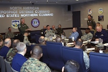 Adm. Timothy J. Keating, commander of the North American Aerospace Defense Command and U.S. Northern Command, talks with senior enlisted leaders who visited the commands Feb. 7 as part of the Keystone course. Photo by Sgt. 1st Class Gail Braymen 