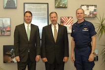 Dept. of Homeland Security Chief of Staff Mr. John Wood and Dept. of Homeland Security Senior Military Advisor Rear Adm. Daniel B. Lloyd traveled here July 21 to formally announce the selection of Mr. William Brundage as the Senior Dept. of Homeland Security Advisor to the North American Aerospace Defense Command (NORAD) and United States Northern Command (USNORTHCOM). Photo by Petty Officer 1st Class Shane Wallenda 