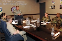 Command Sgt. Maj. Daniel R. Wood, command senior enlisted leader of North American Aerospace Defense Command and U.S. Northern Command, leads a discussion with the commands' senior enlisted troops. Wood, a 26-year Army veteran, assumed his position at NORAD and USNORTHCOM March 26. Photo by Sgt. 1st Class Gail Braymen 