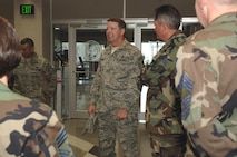 Chief Master Sergeant of the Air Force Rodney McKinley talks with several NORAD and USNORTHCOM senior enlisted personnel during a visit to the commands' headquarters June 6. McKinley received several command briefings and met with the senior enlisted from each service before an all Airmen's call at the Peterson Air Force Base theater. Photo by Petty Officer 1st Class Joaquin Juatai 