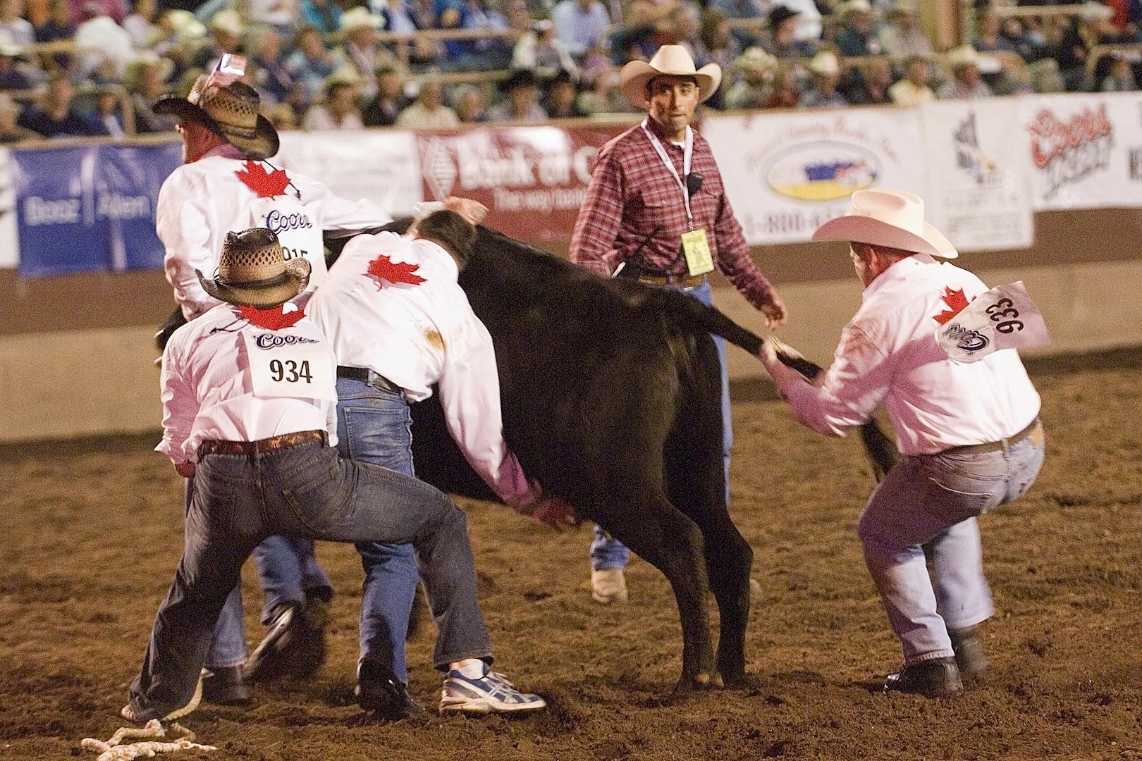 The "Canadian Milkers" – a wild cow milking team made up of personnel assigned to North American Aerospace Defense Command – won first place in a preliminary round at the Pikes Peak or Bust Rodeo in Colorado Springs, Colo., July 12, 2007. The team returned to the rodeo July 15 to compete for overall honors in the finals, but was out-milked by a team from Fort Carson, Colo. The rodeo is a charitable organization dedicated to funding programs and services that benefit local military personnel and their families. Photo by Sgt. 1st Class Gail Braymen 