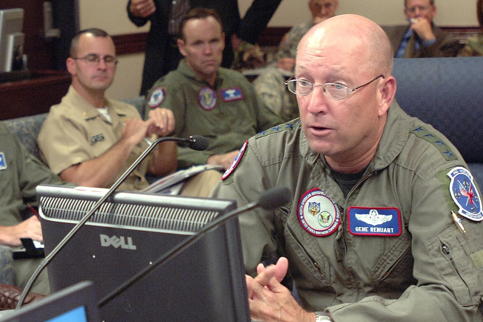 Gen. Gene Renuart, commander of North American Aerospace Defense Command and U.S. Northern Command, discusses the progress of several ongoing missions during the Aug. 20, 2007, commander's update briefing at NORAD and USNORTHCOM headquarters. This month, the two military commands have supported the space shuttle launch and landing, recovery efforts at the collapsed bridge in Minneapolis, rescue operations at Utah's Crandall Canyon mine, Russian bomber monitoring and Hurricane Dean response preparations. Photo by Sgt. 1st Class Gail Braymen 