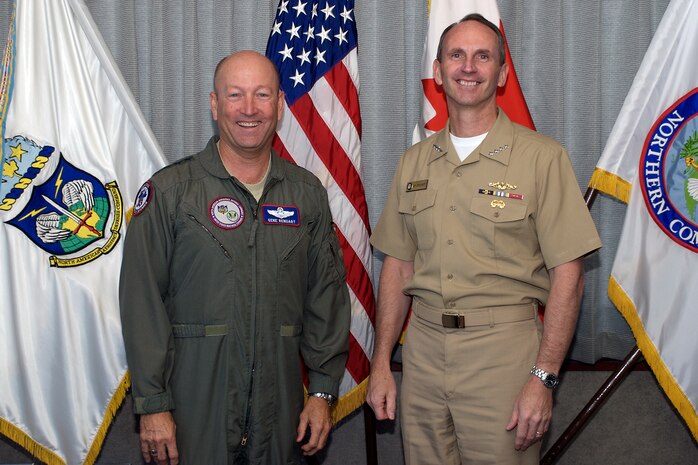 Gen. Gene Renuart, left, commander of North American Aerospace Defense Command and U.S. Northern Command, met with Adm. Jonathan W. Greenert, commander of U.S. Fleet Forces Command, during the admiral's Oct. 19, 2007, visit to NORAD and USNORTHCOM headquarters at Peterson Air Force Base, Colo. USFFC is the Joint Force Maritime Component Command for U.S. Northern Command. The admiral's visit coincided with all three commands' participation in the Vigilant Shield '08 exercise. Photo by Tech. Sgt. Christopher Gish 